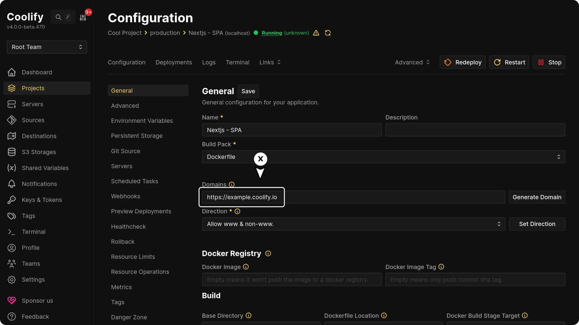 Domain input field on Applications