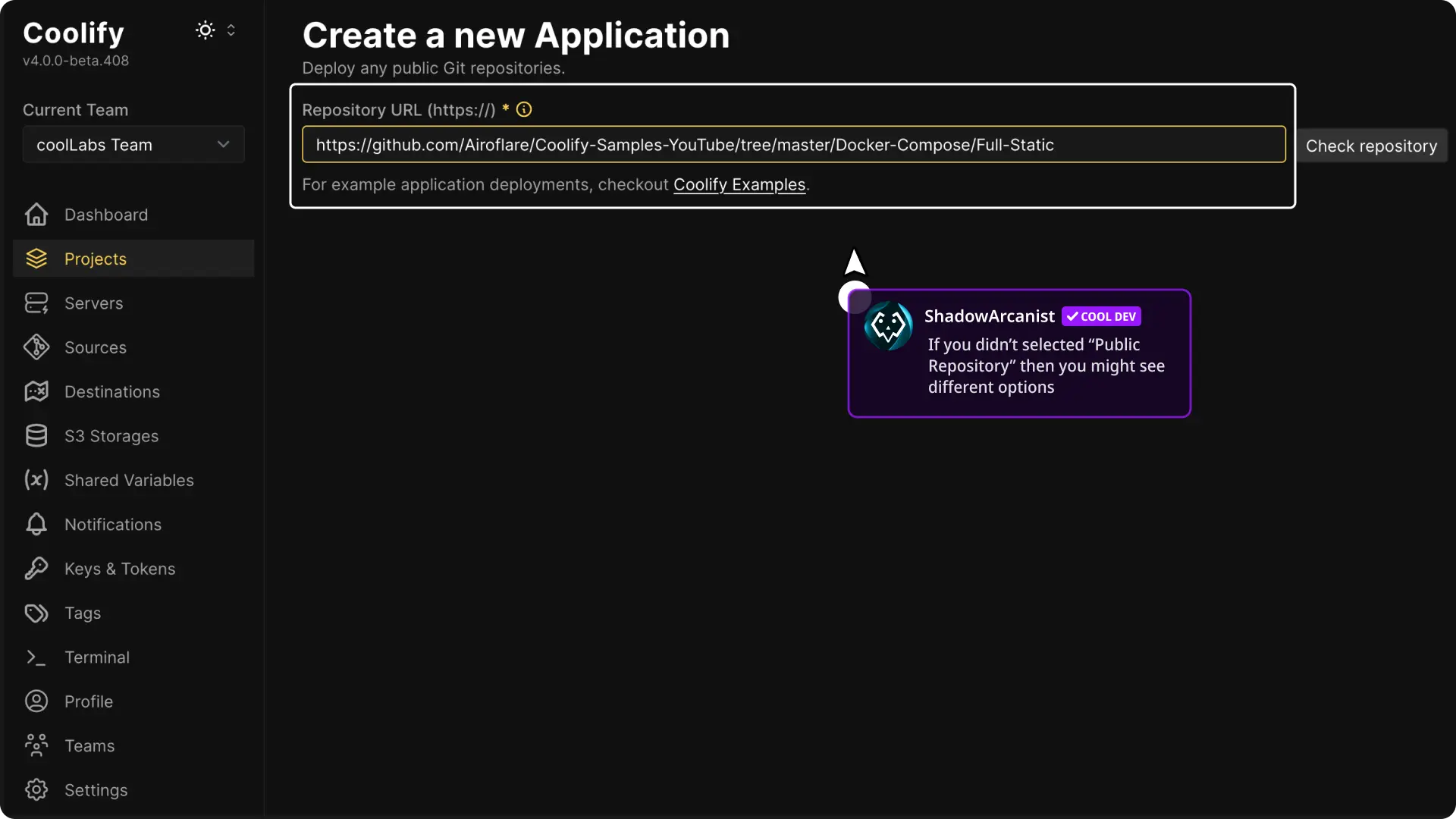Coolify dashboard screenshot