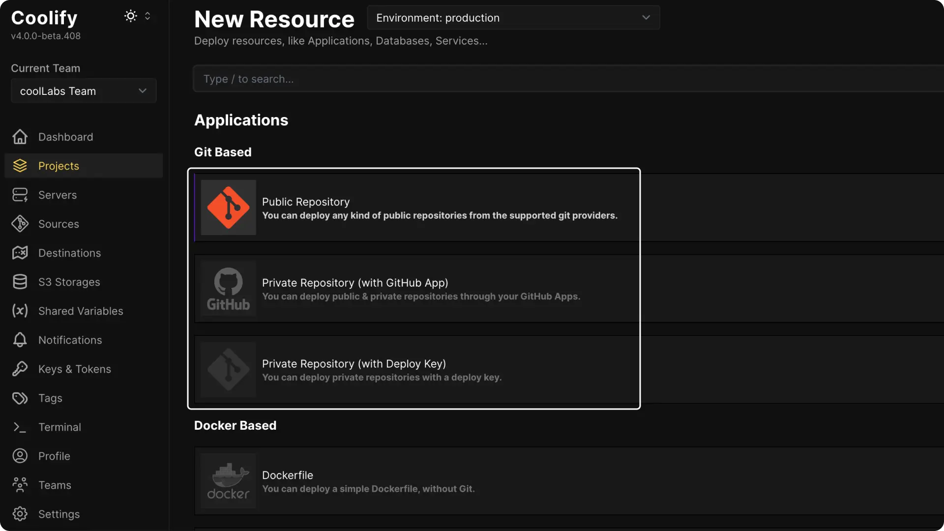 Coolify dashboard screenshot