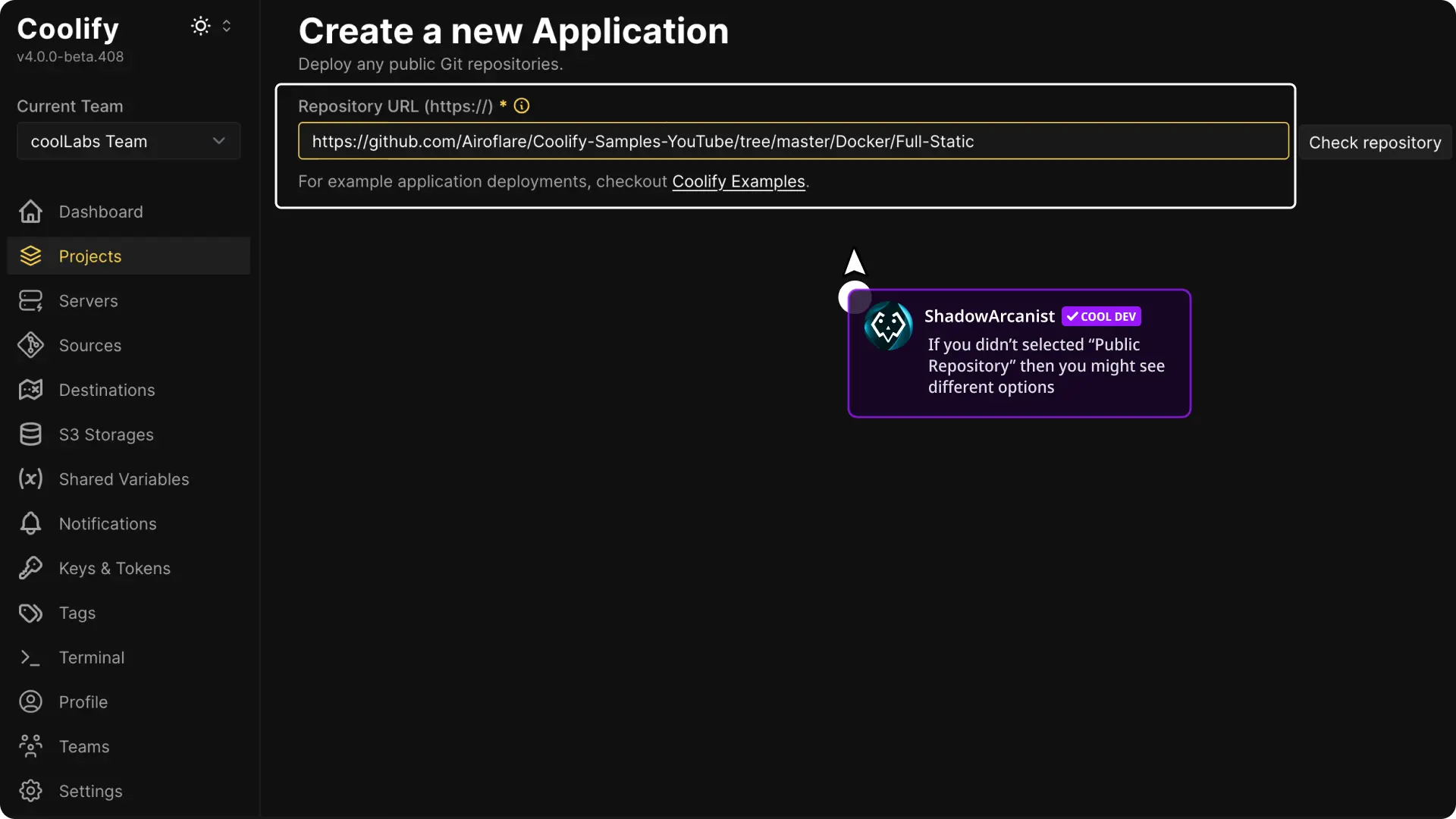 Coolify dashboard screenshot