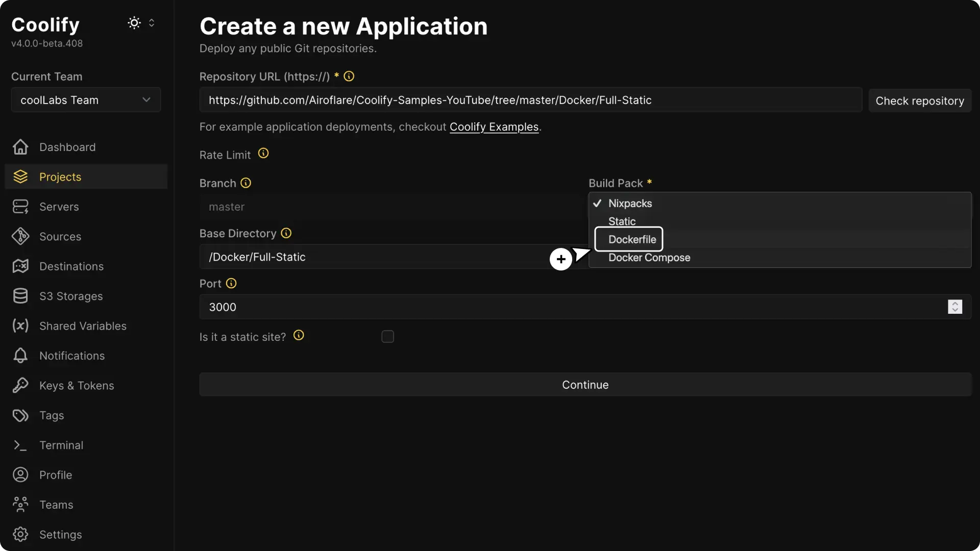 Coolify dashboard screenshot