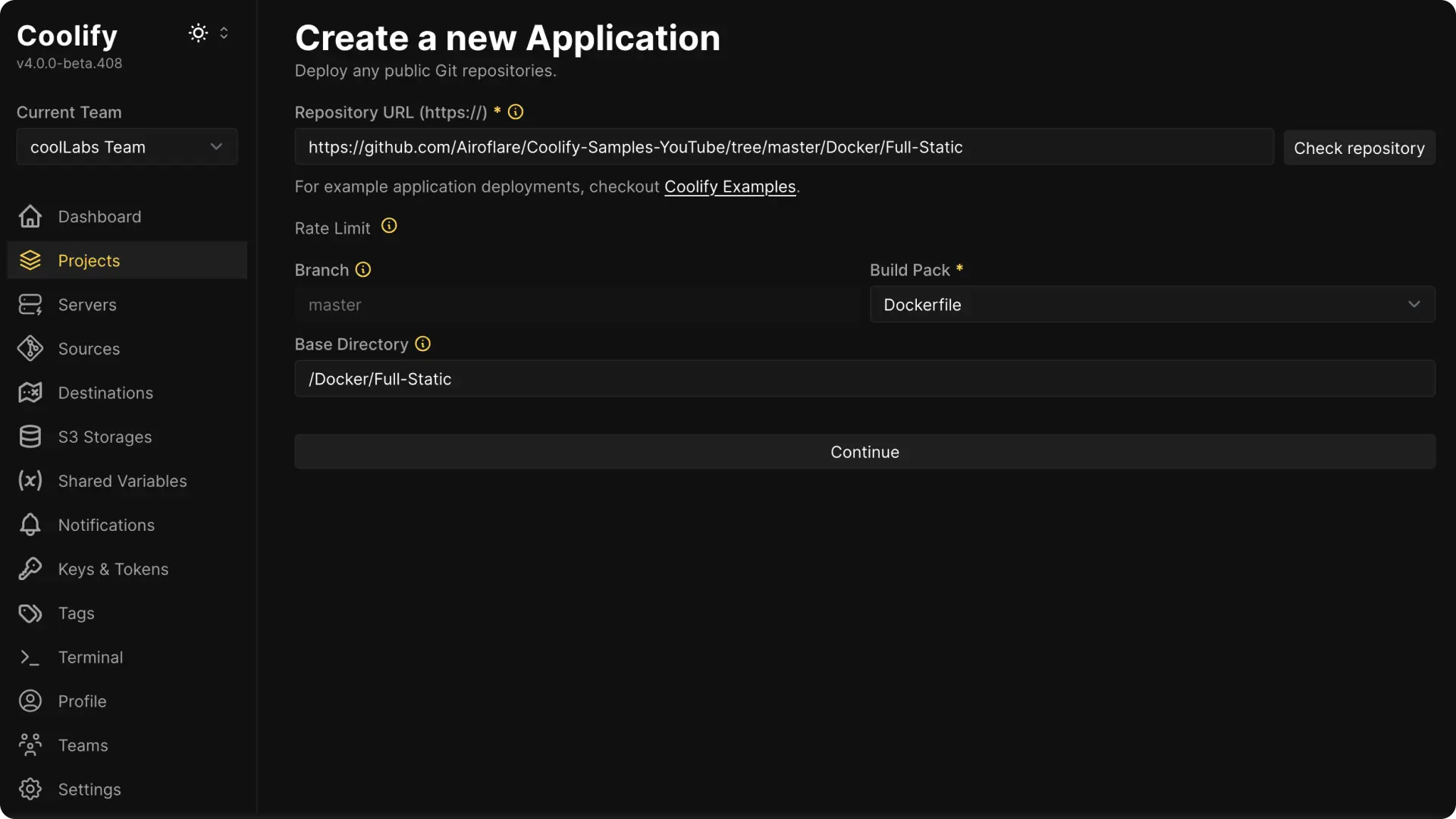 Coolify dashboard screenshot