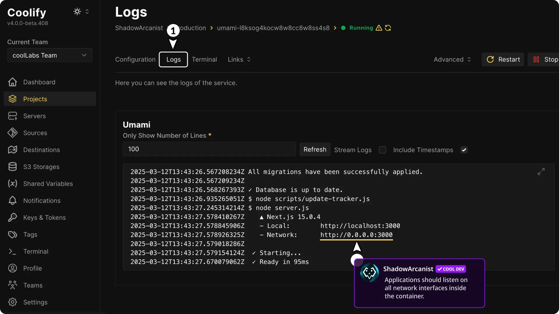 Coolify dashboard screenshot