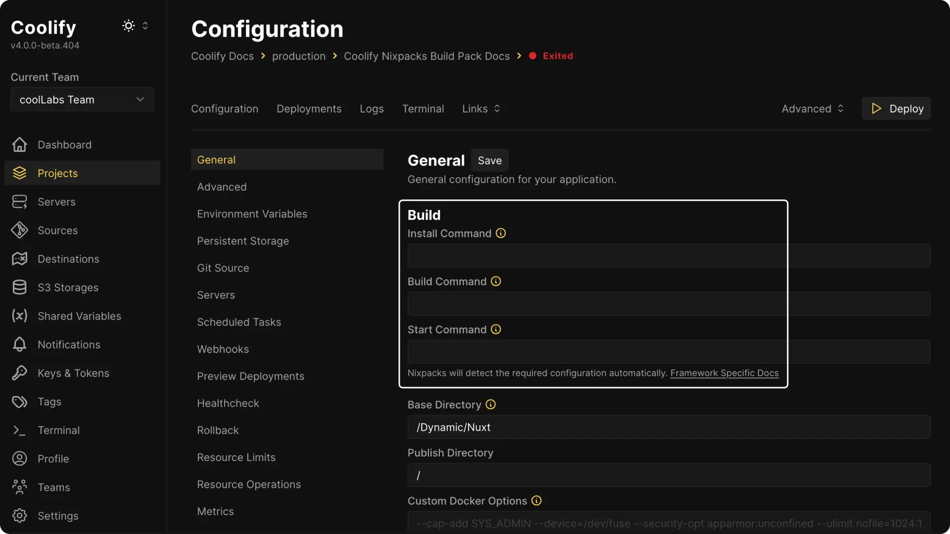 Coolify dashboard screenshot