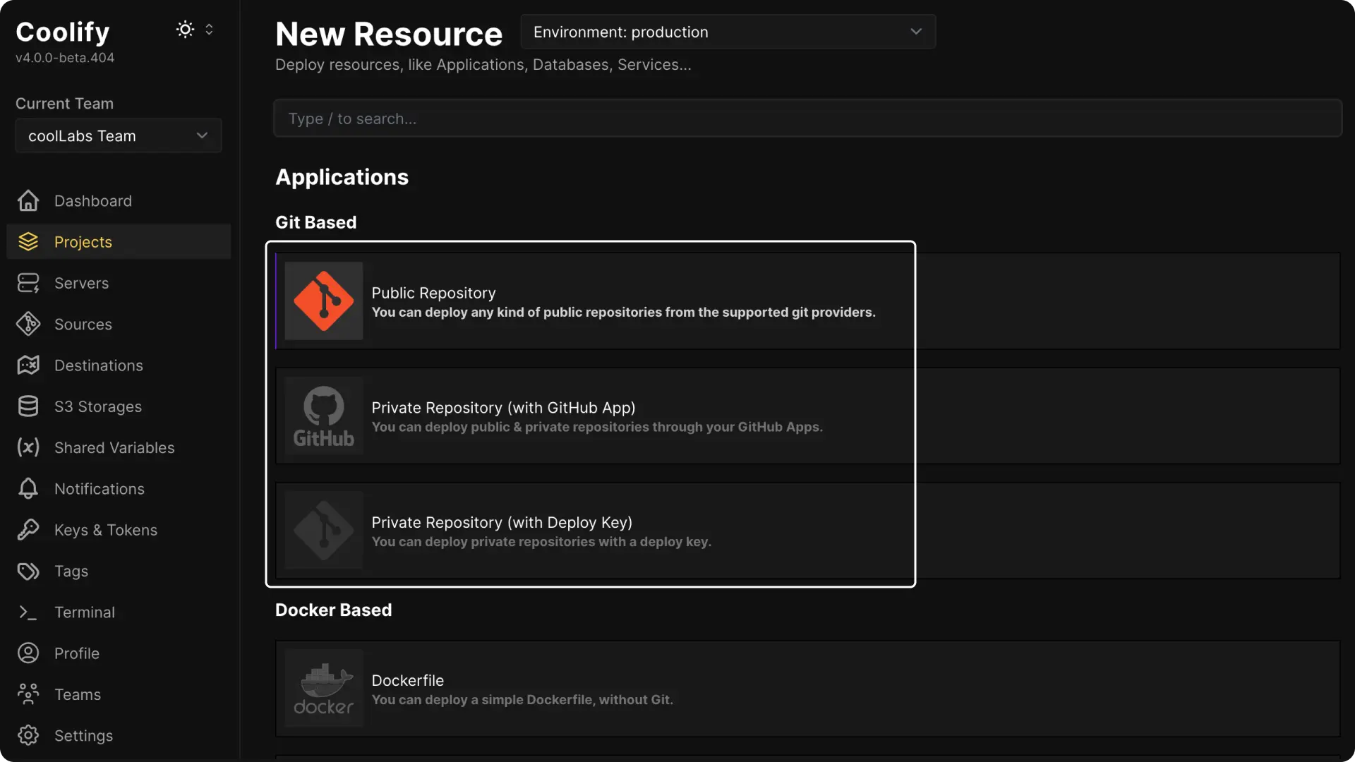 Coolify dashboard screenshot
