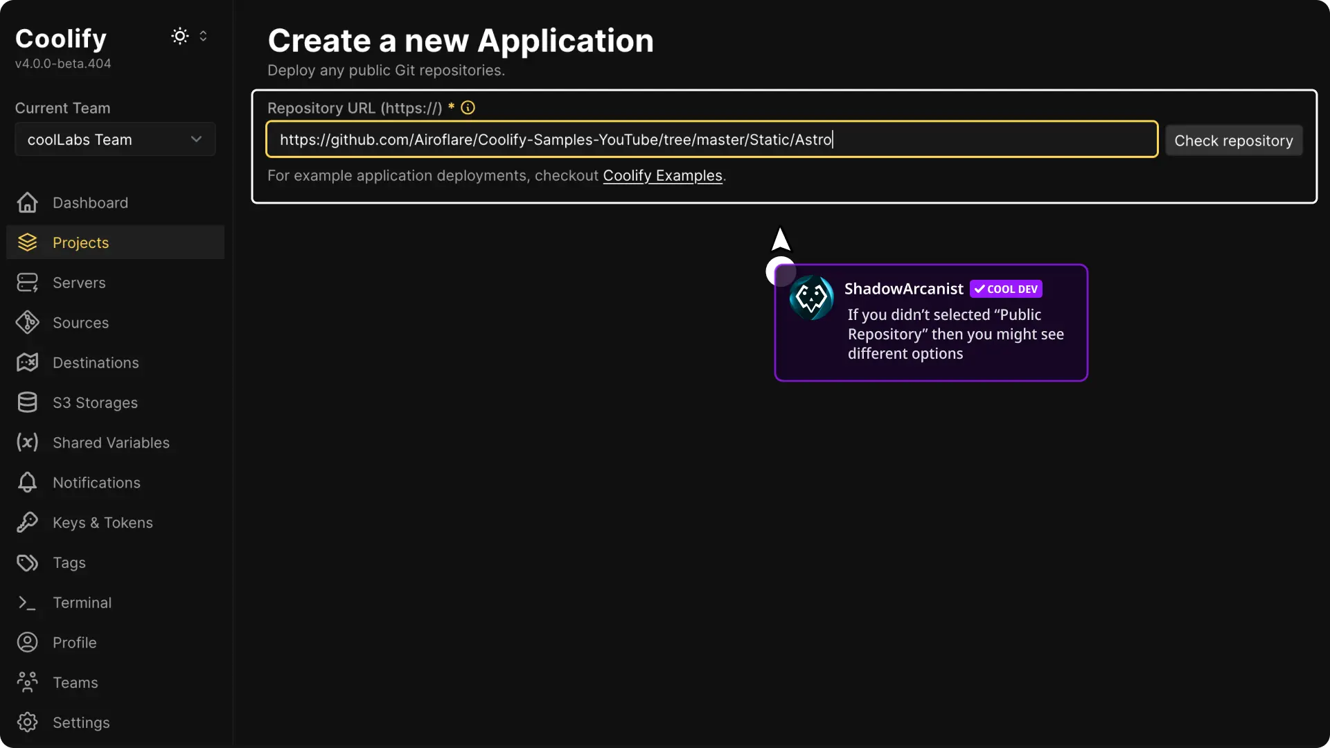 Coolify dashboard screenshot