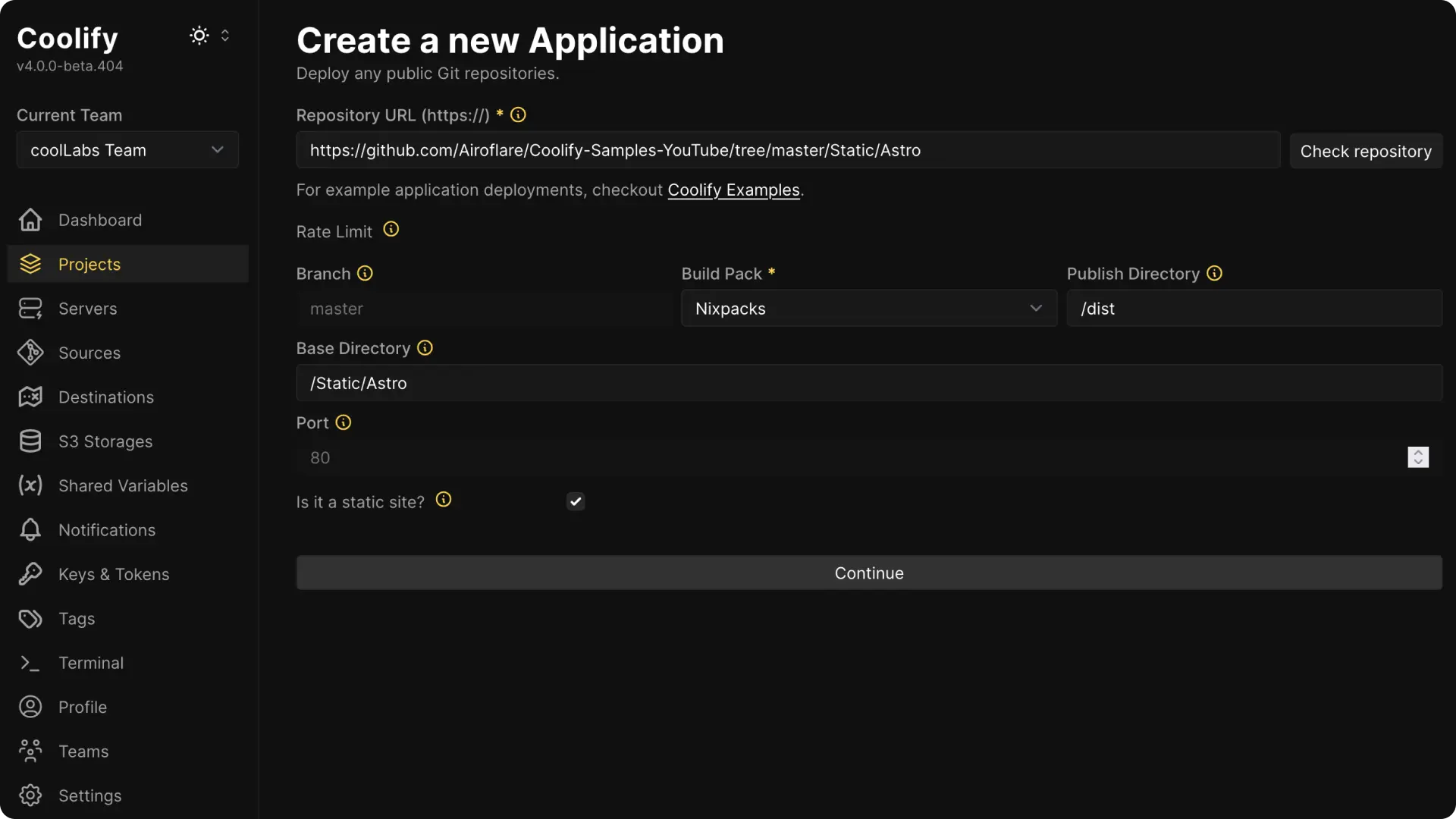 Coolify dashboard screenshot