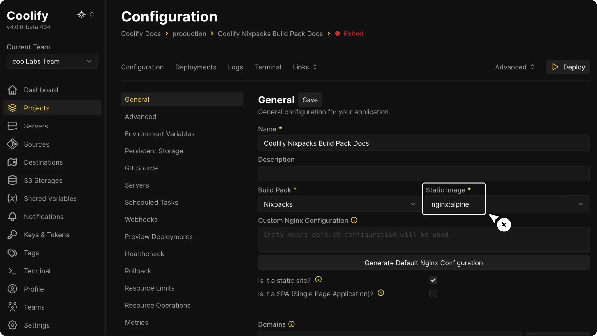 Coolify dashboard screenshot