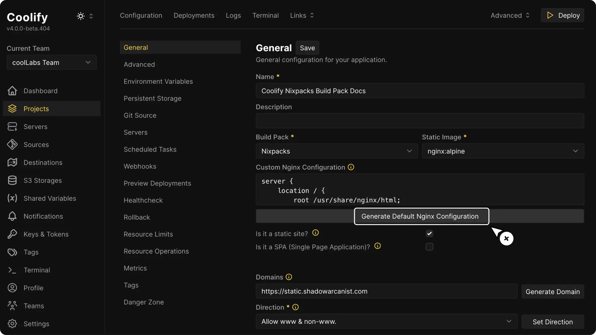 Coolify dashboard screenshot