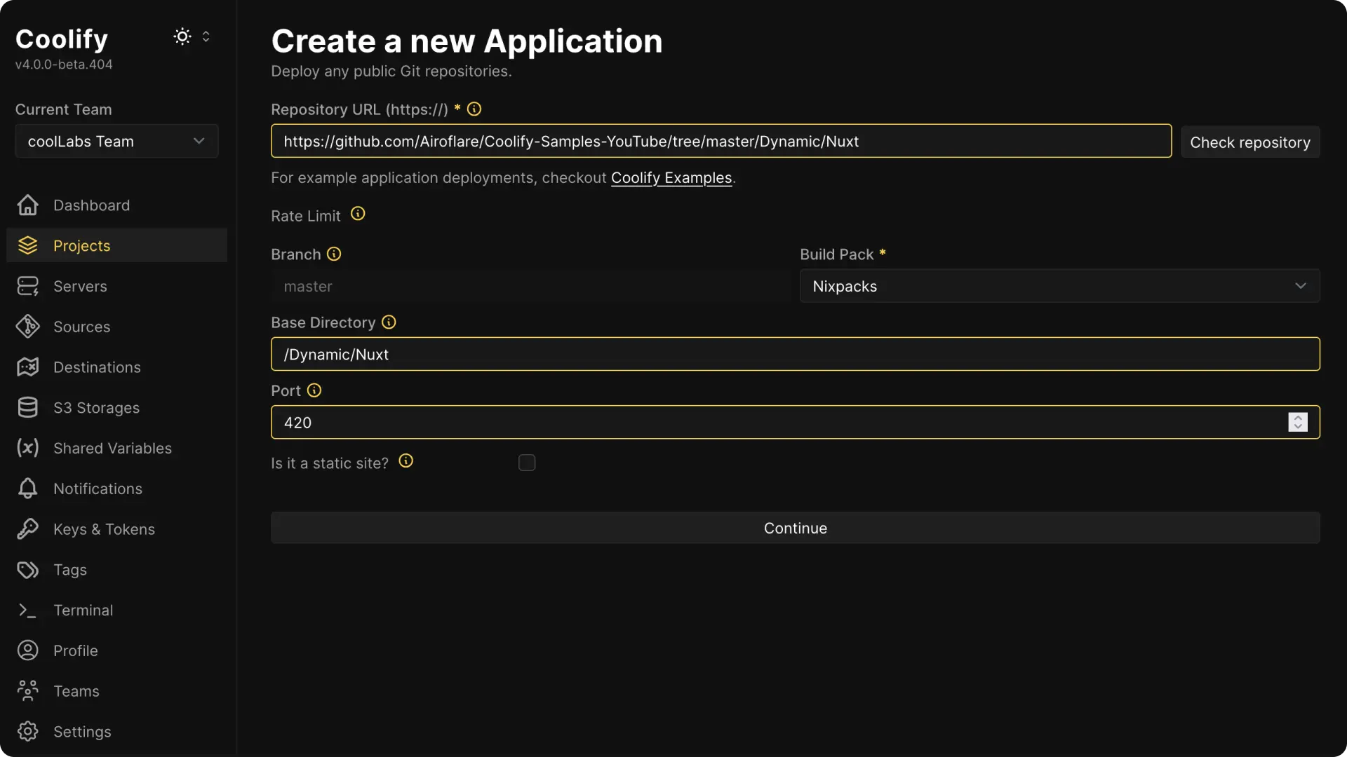 Coolify dashboard screenshot