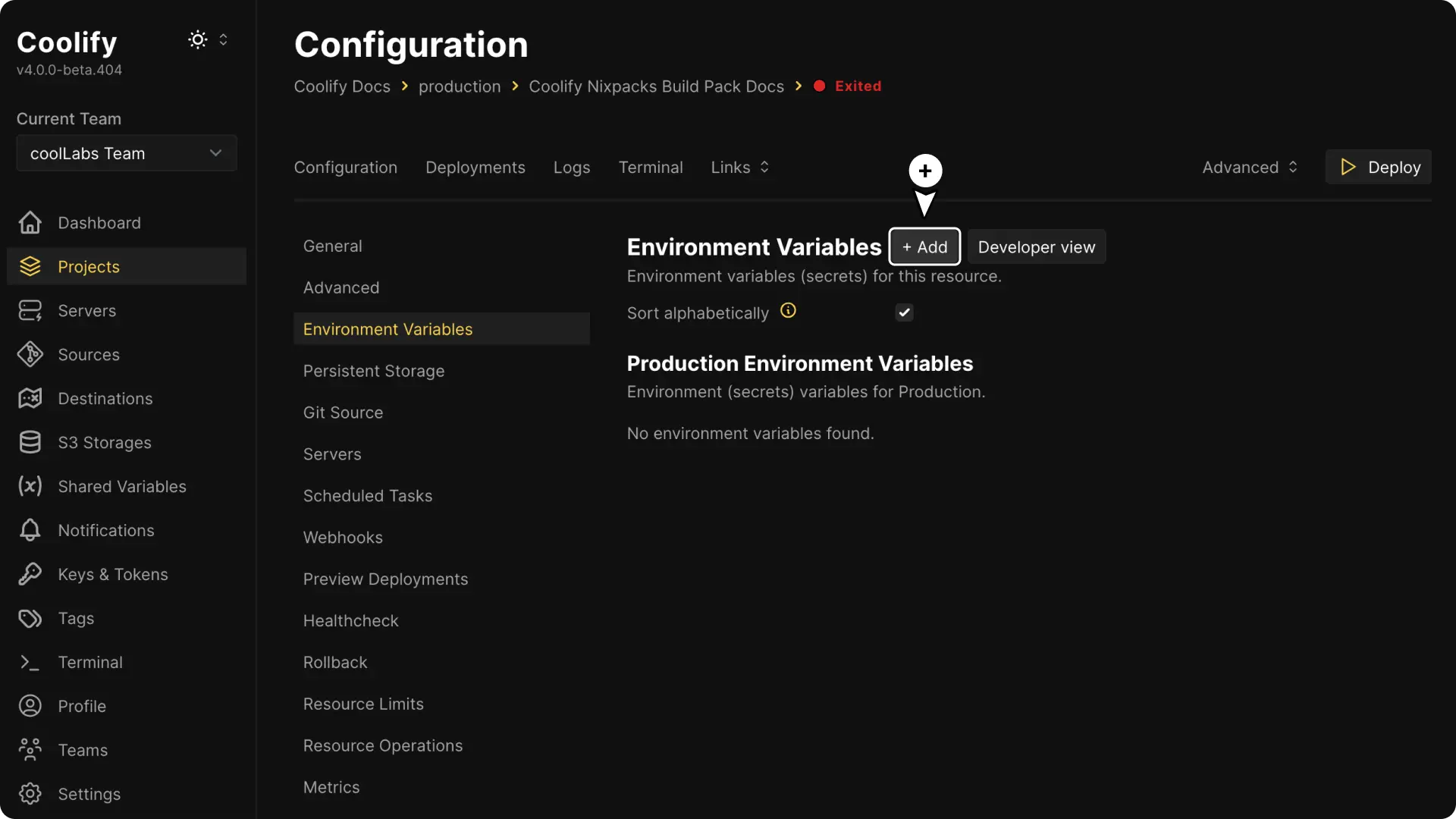 Coolify dashboard screenshot