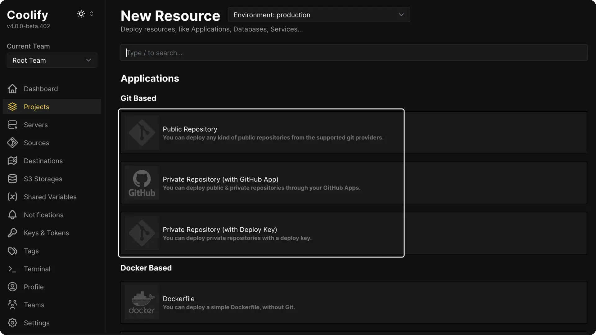 Coolify dashboard screenshot