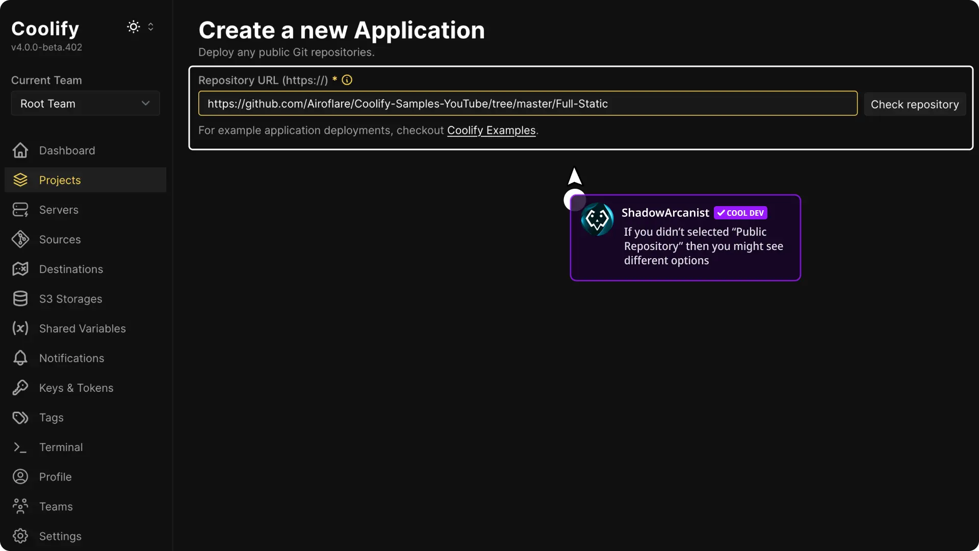 Coolify dashboard screenshot