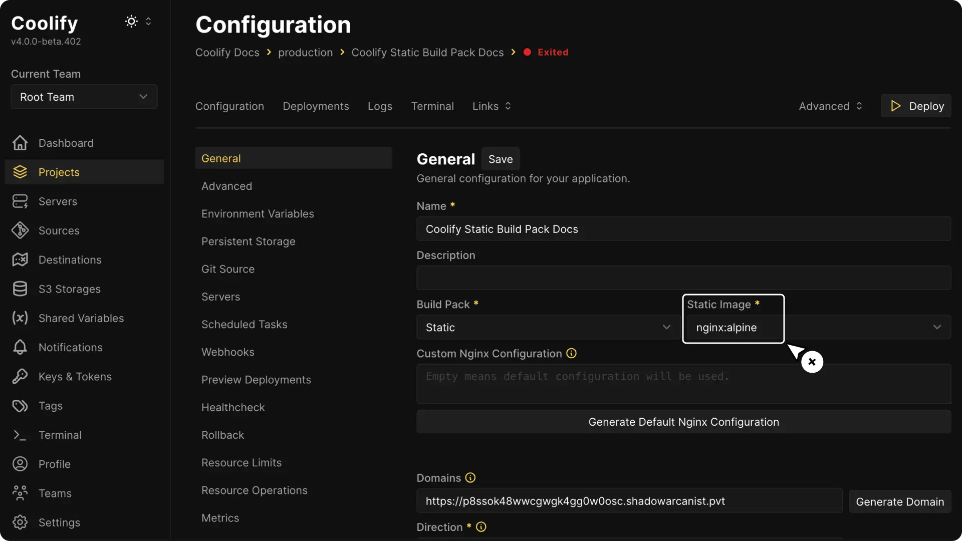 Coolify dashboard screenshot