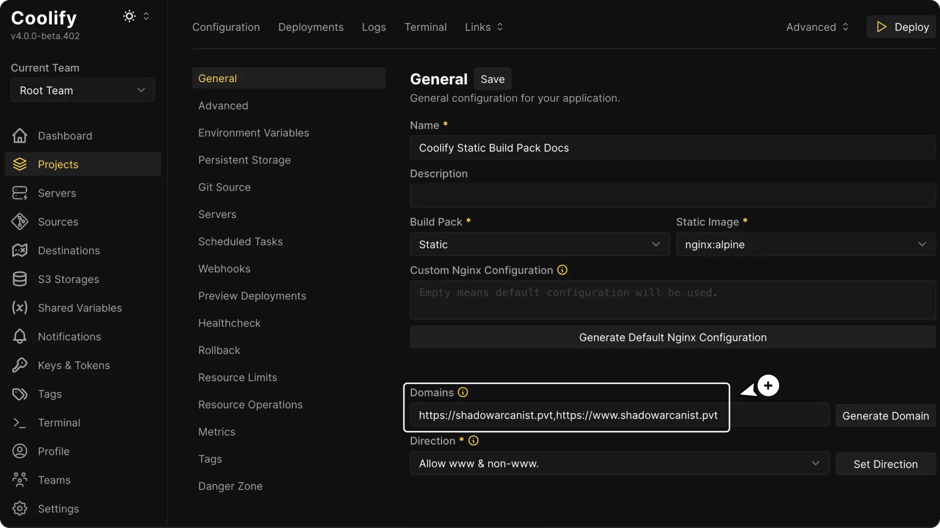 Coolify dashboard screenshot