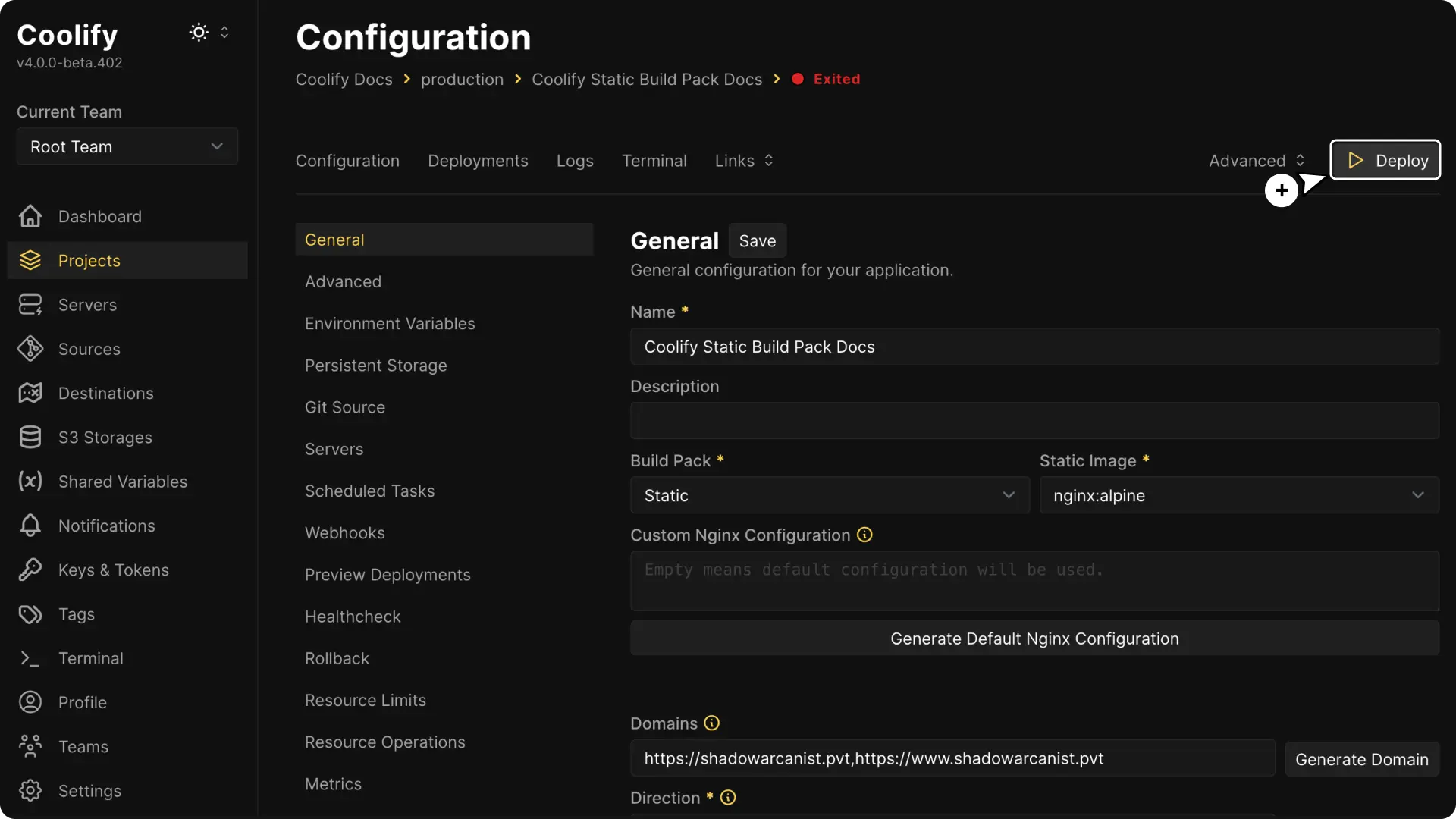 Coolify dashboard screenshot