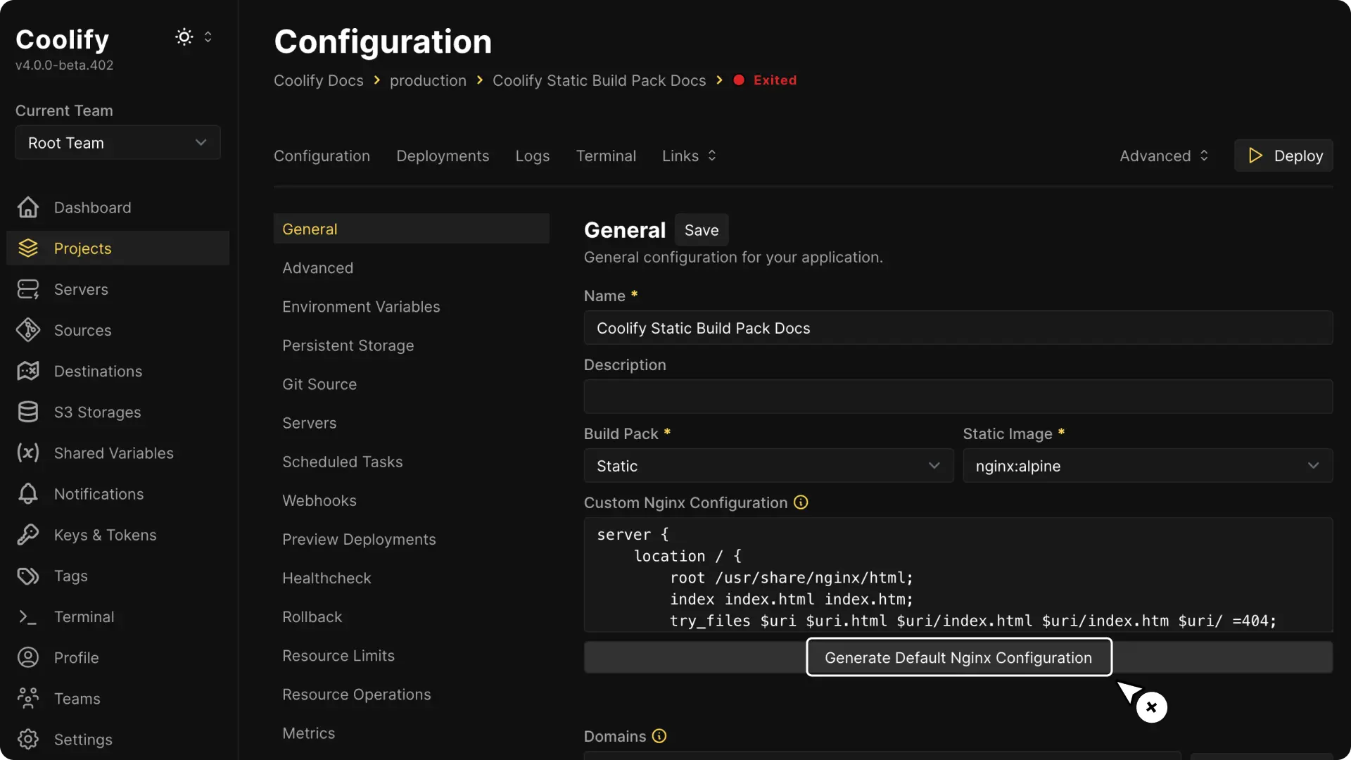Coolify dashboard screenshot