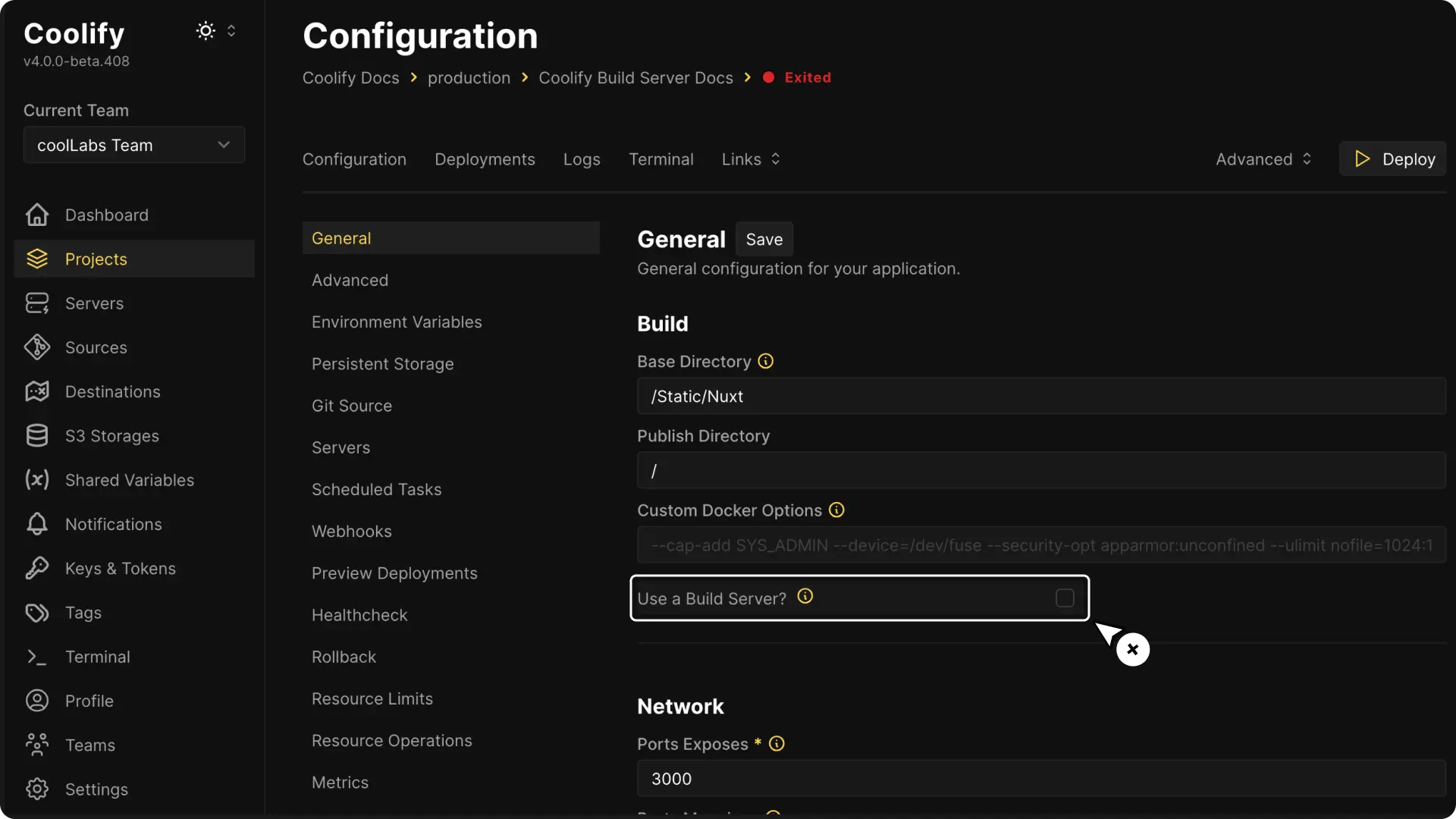 Coolify dashboard screenshot