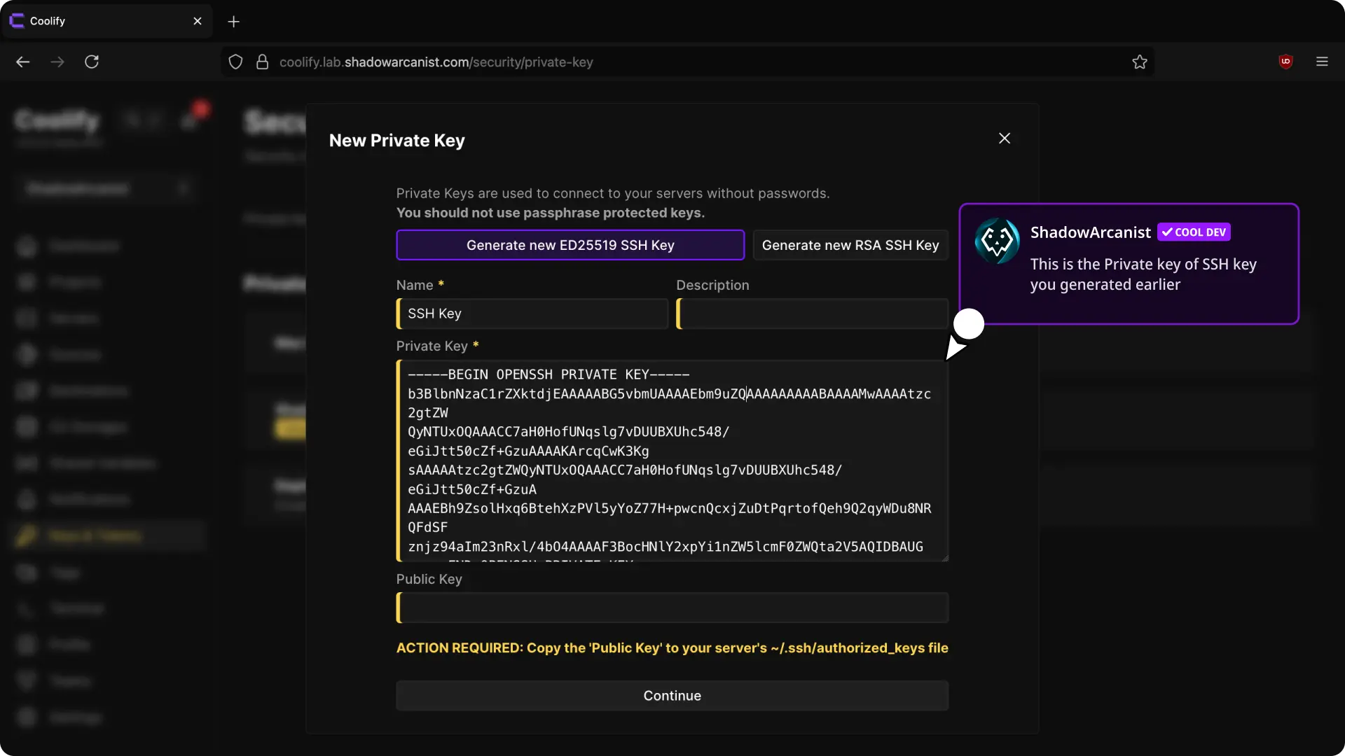 New Private Key form in Coolify