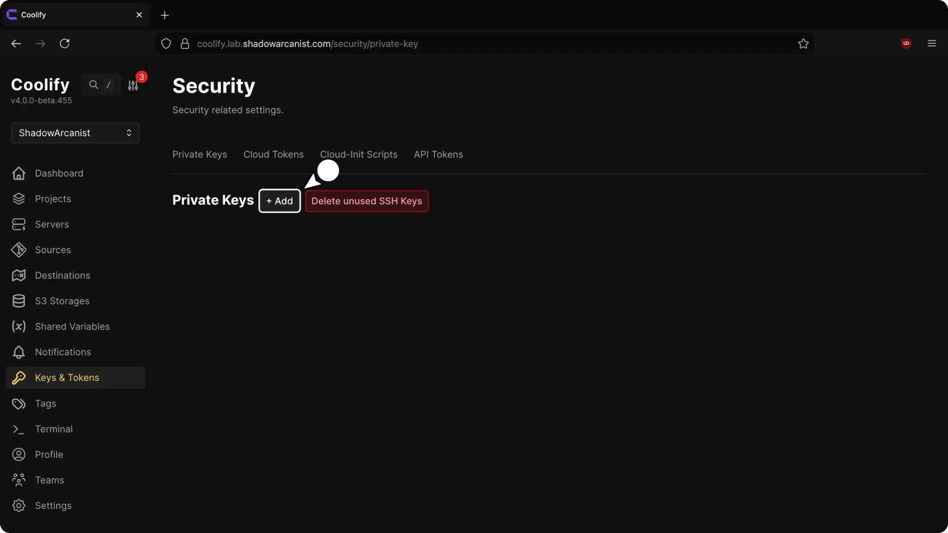 Private Keys page with the Add button in Coolify