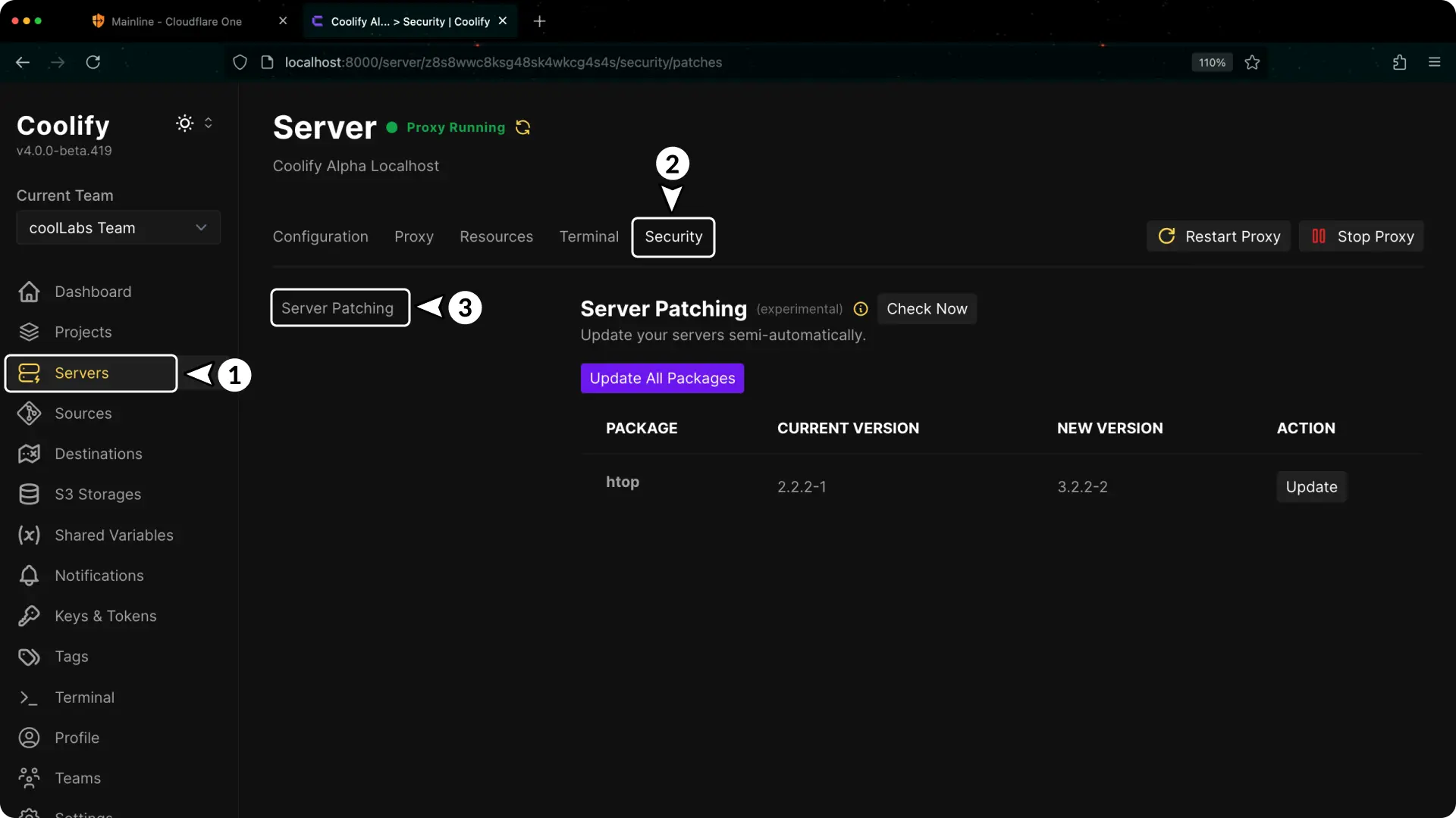 Server Patching page in Coolify