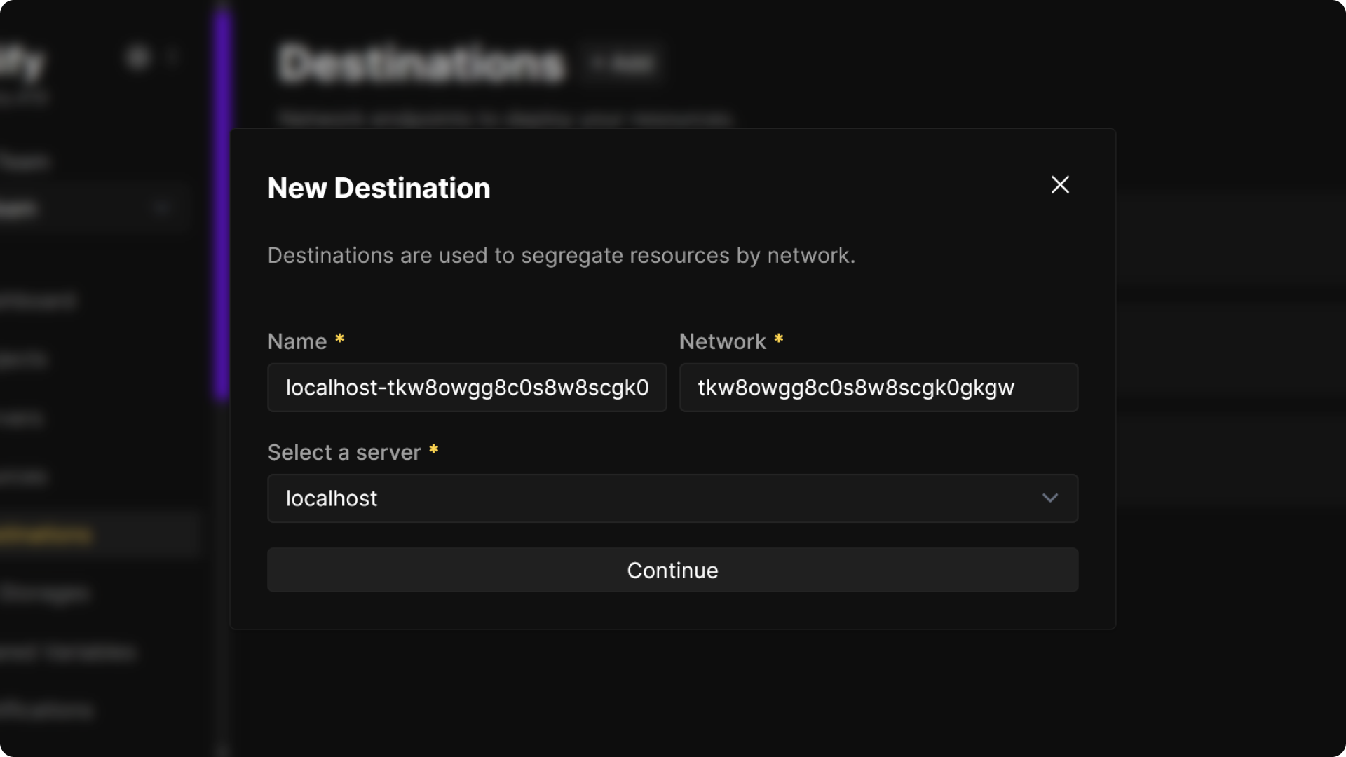 Create Destination Modal configuration