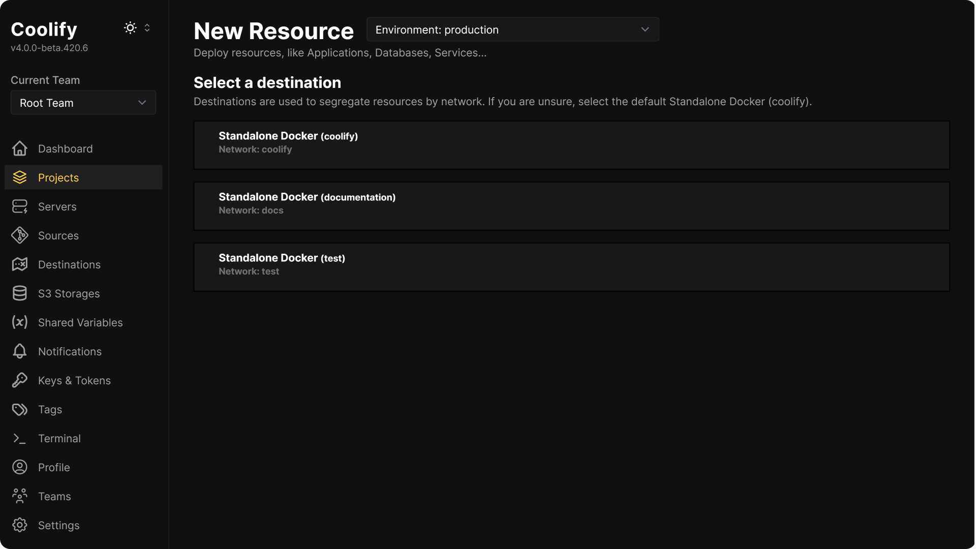 Destinations Selection configuration