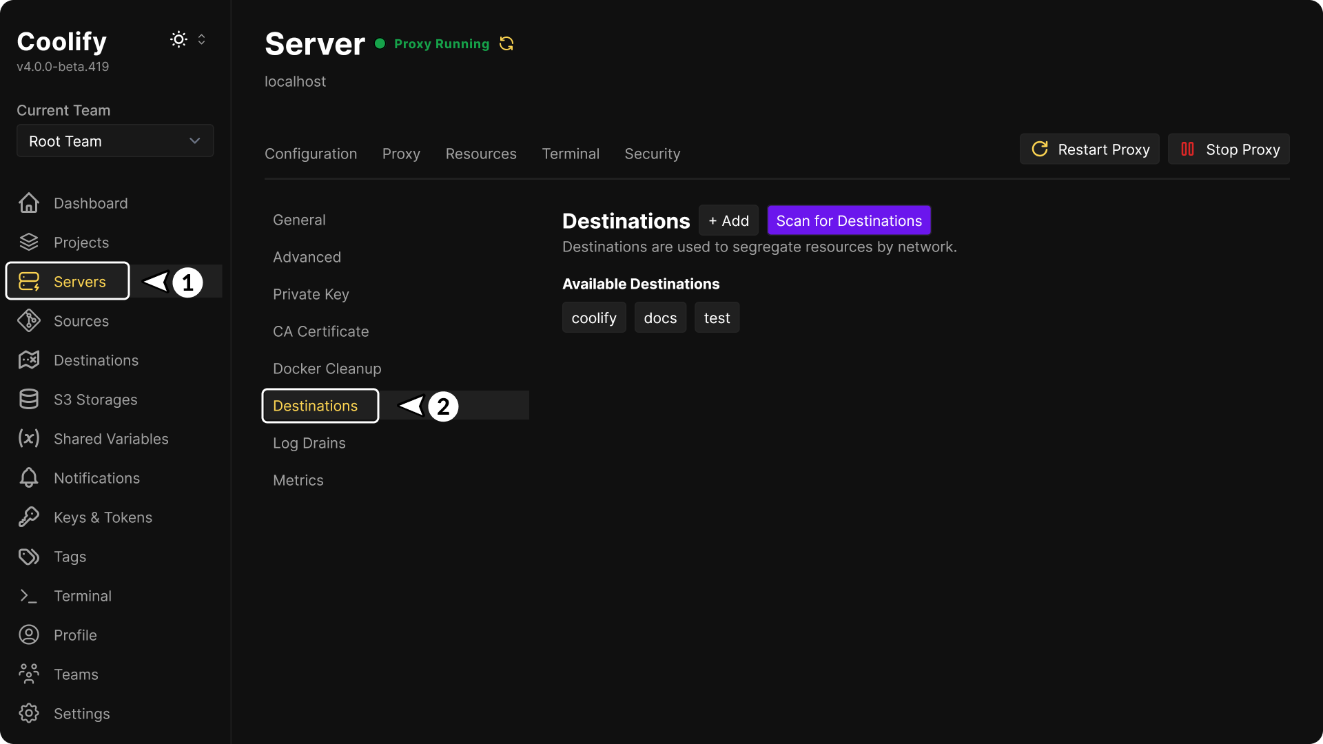 Destinations Server Overview configuration