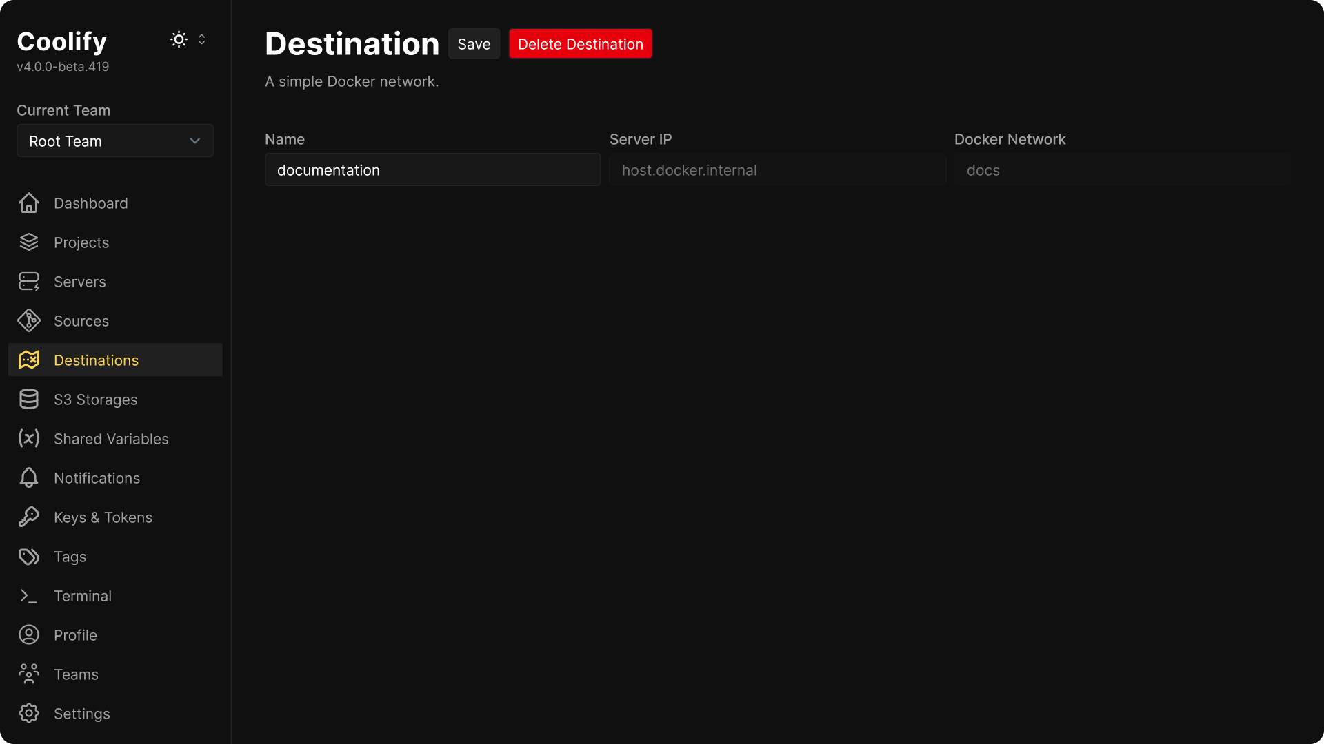 Destinations Settings configuration