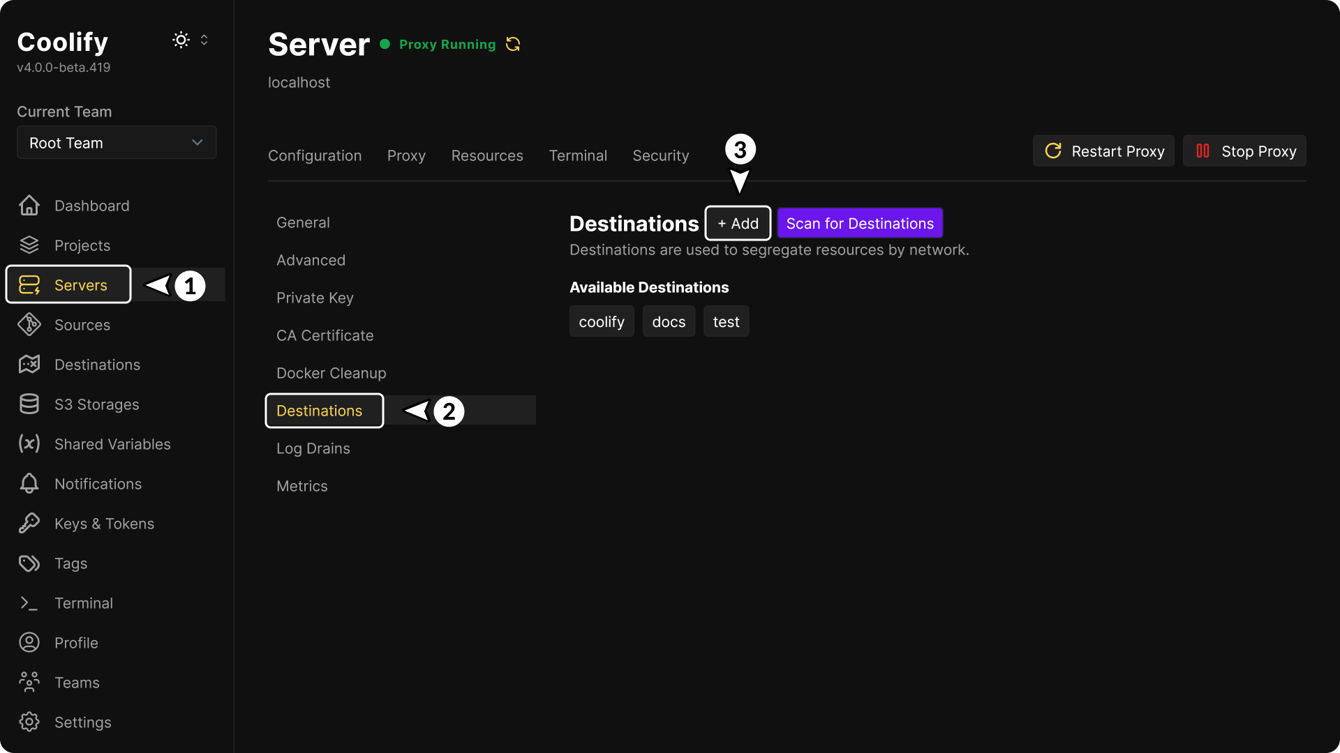 Server Create Destination configuration