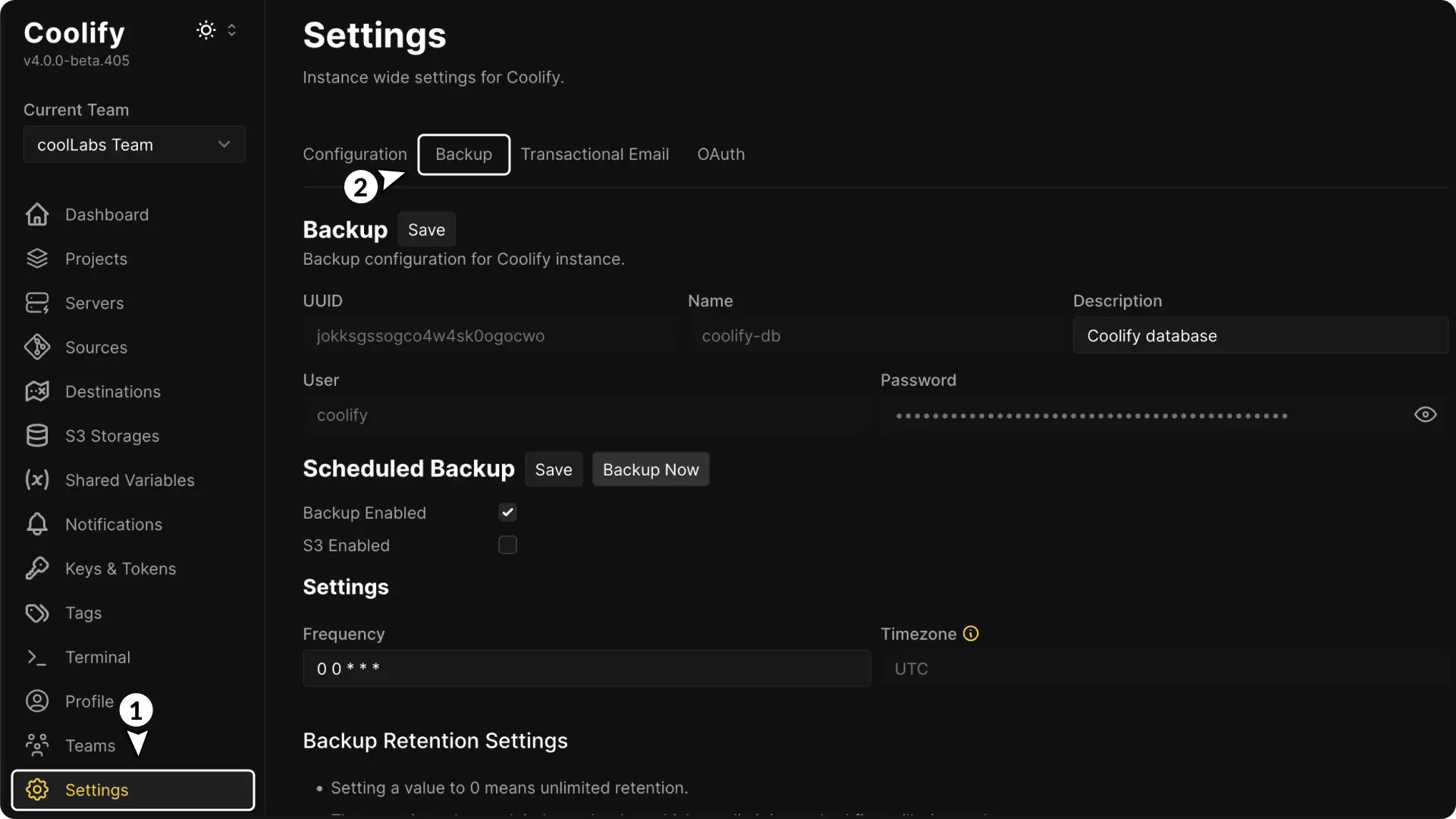 Screenshot of Backup Restore Coolify