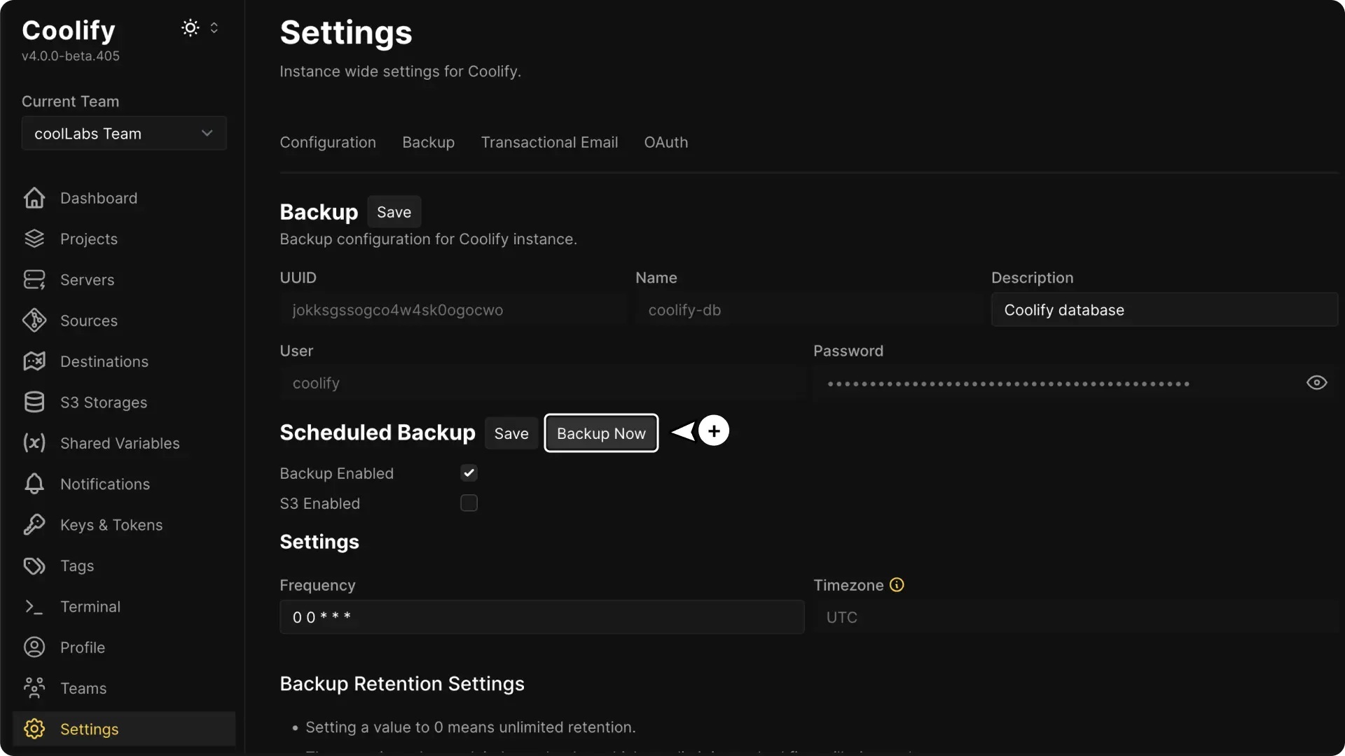 Screenshot of Backup Restore Coolify