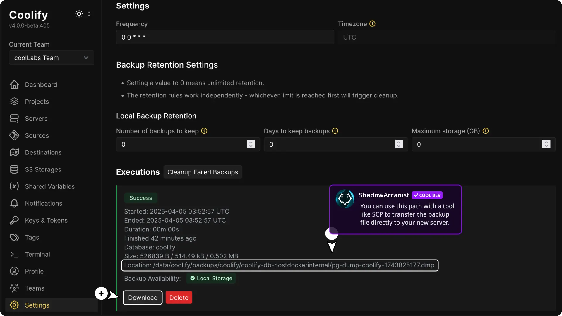 Screenshot of Backup Restore Coolify