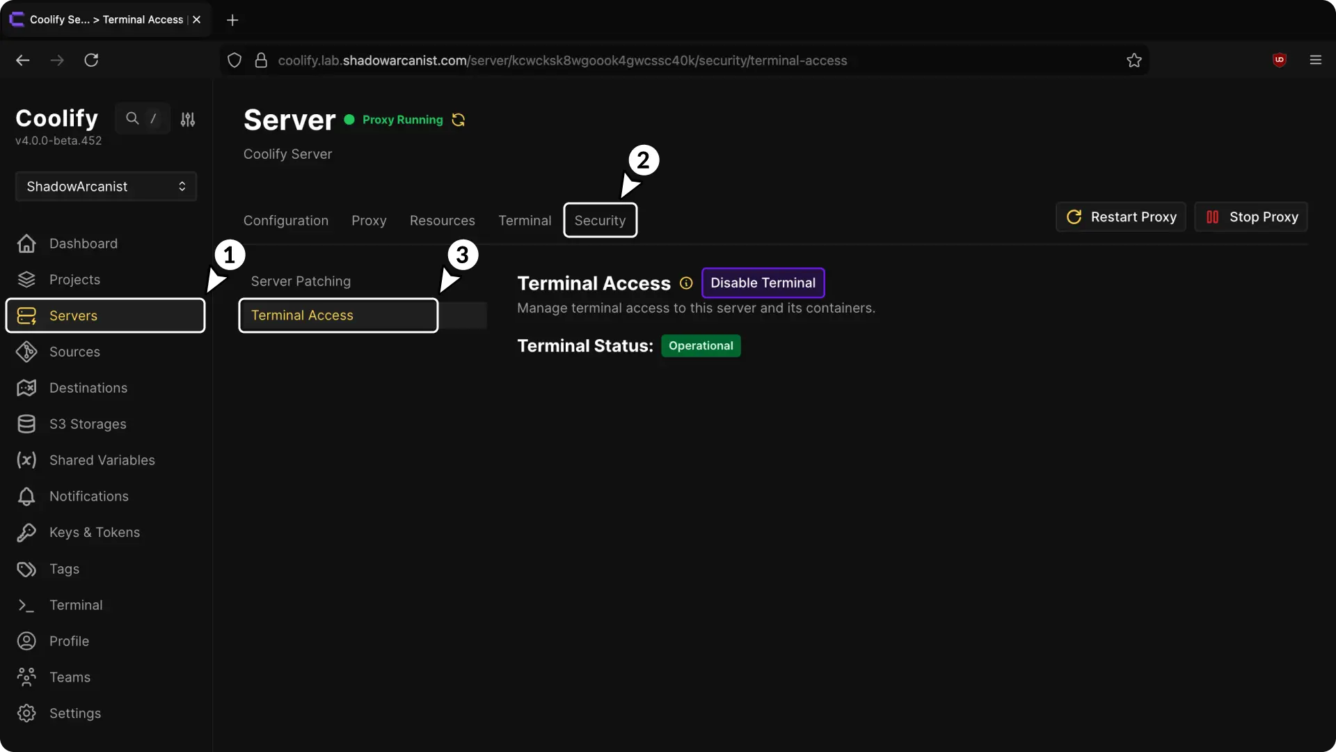 Terminal Access settings in server security tab