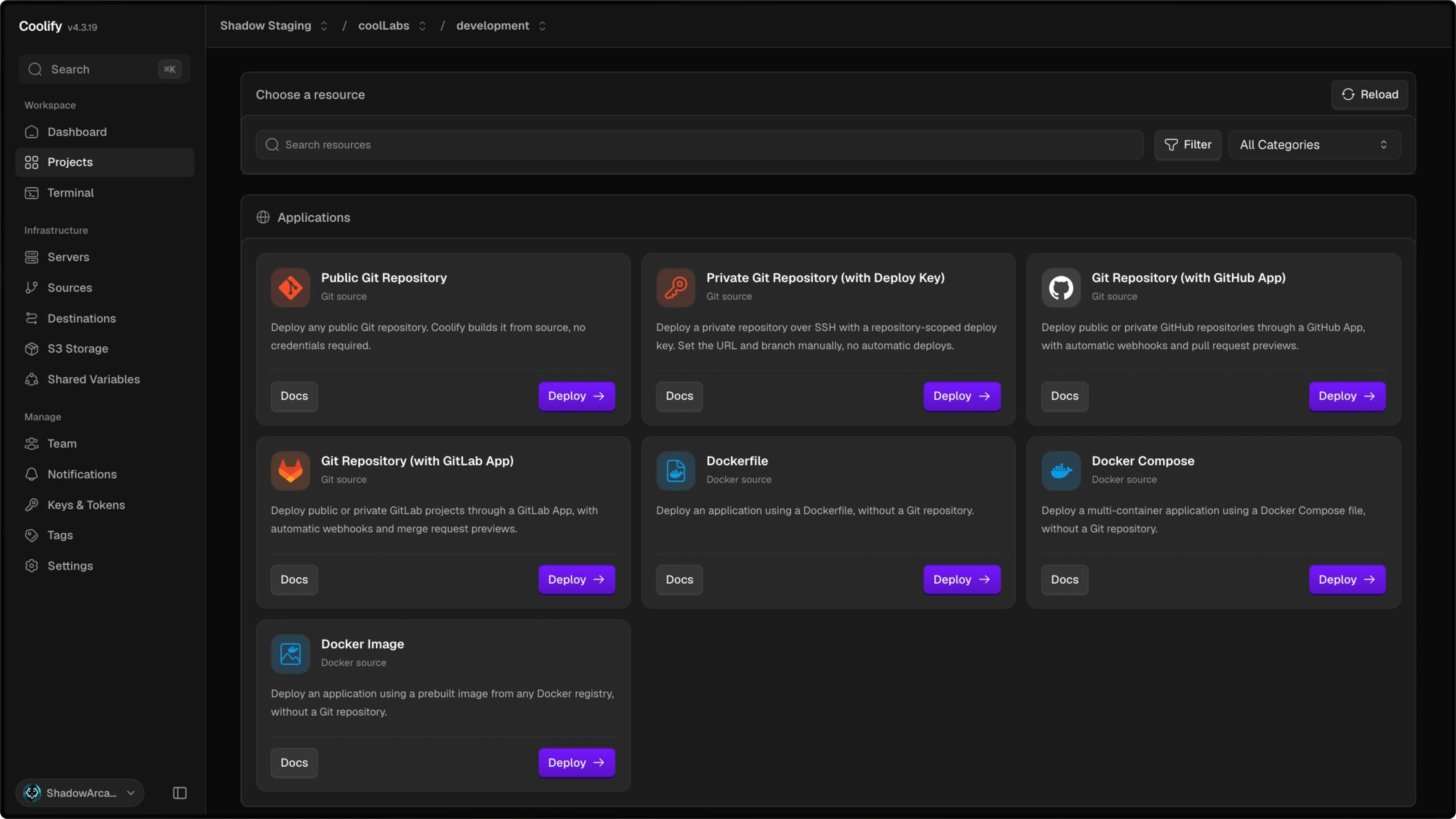 Coolify application resource options
