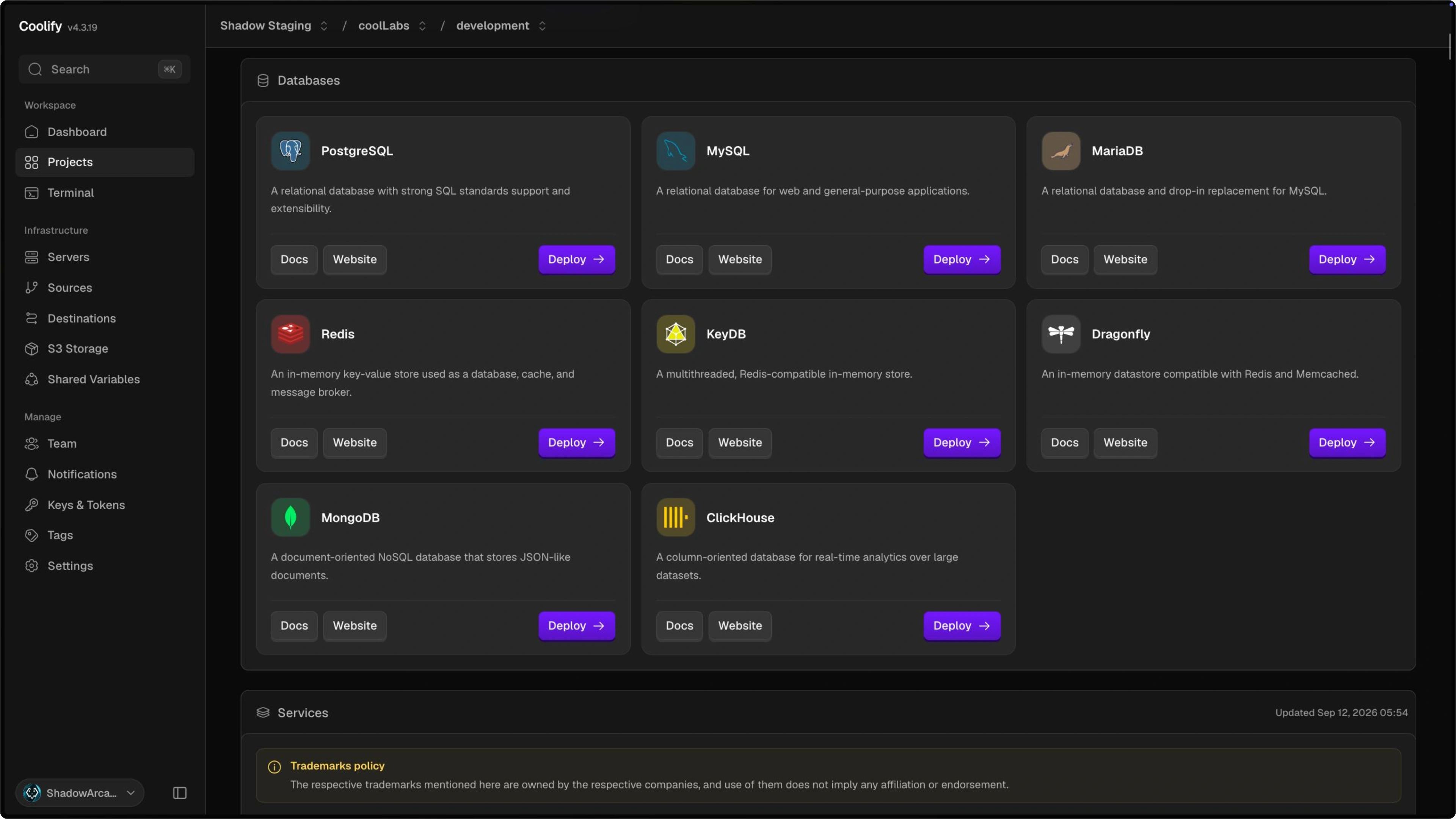 Coolify database catalog