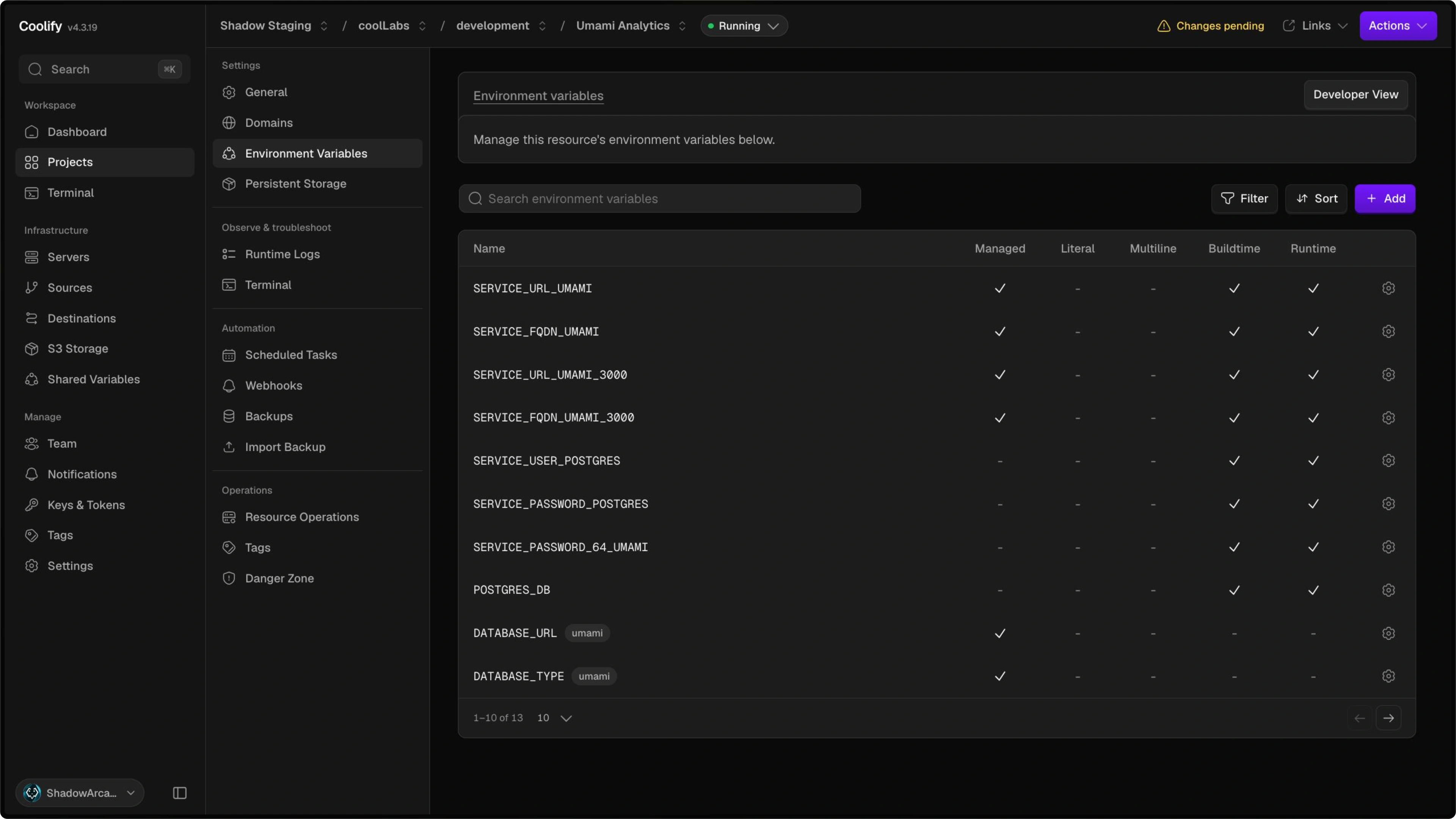 Coolify environment variables editor