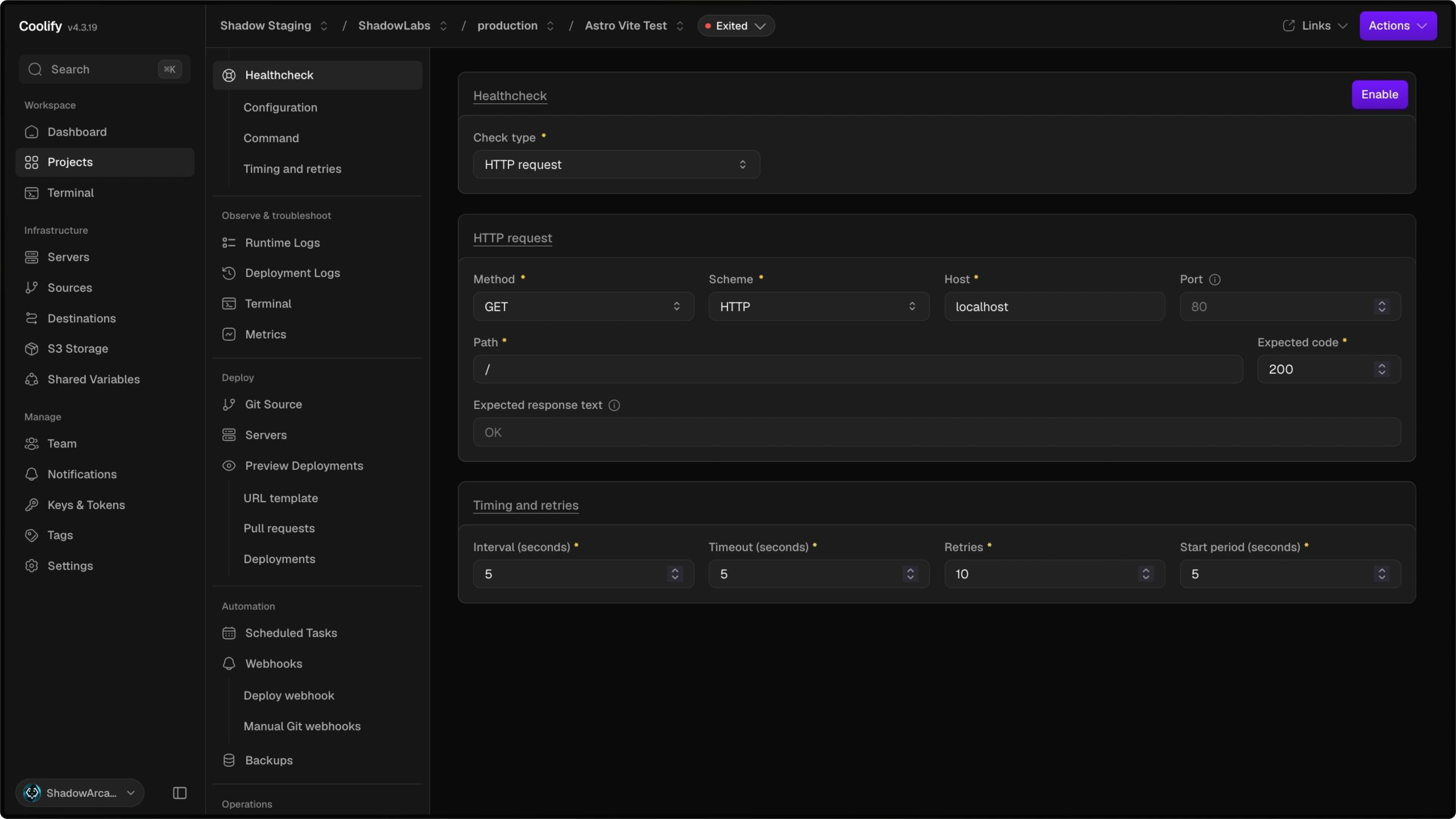Coolify application health check settings