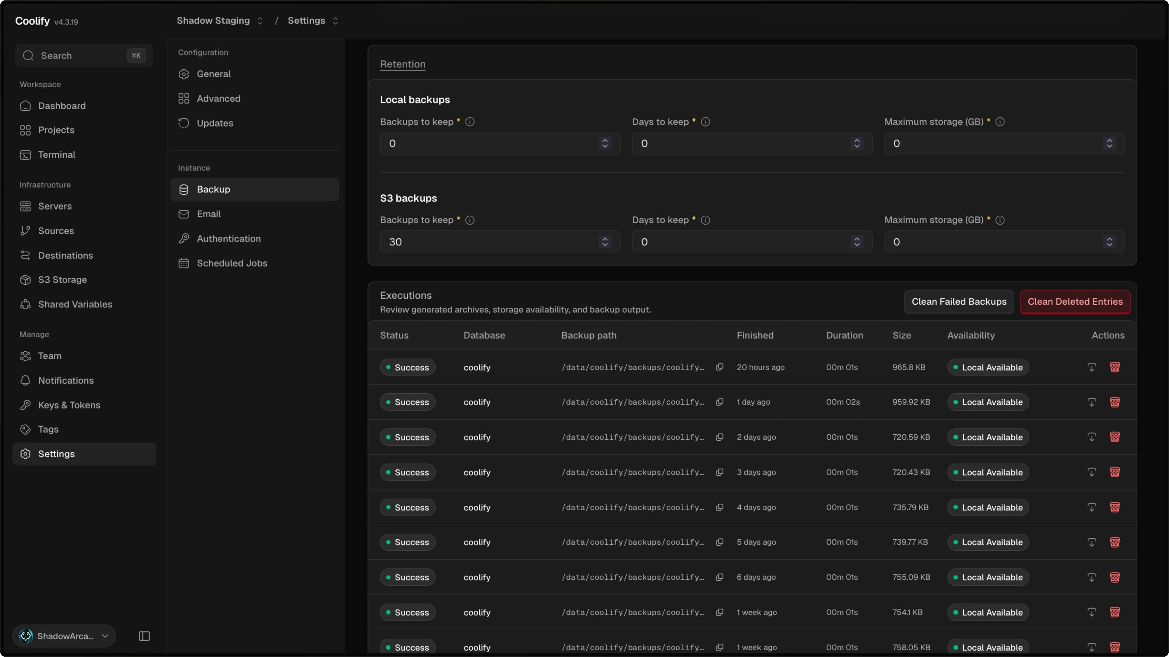 Coolify instance backup retention and executions