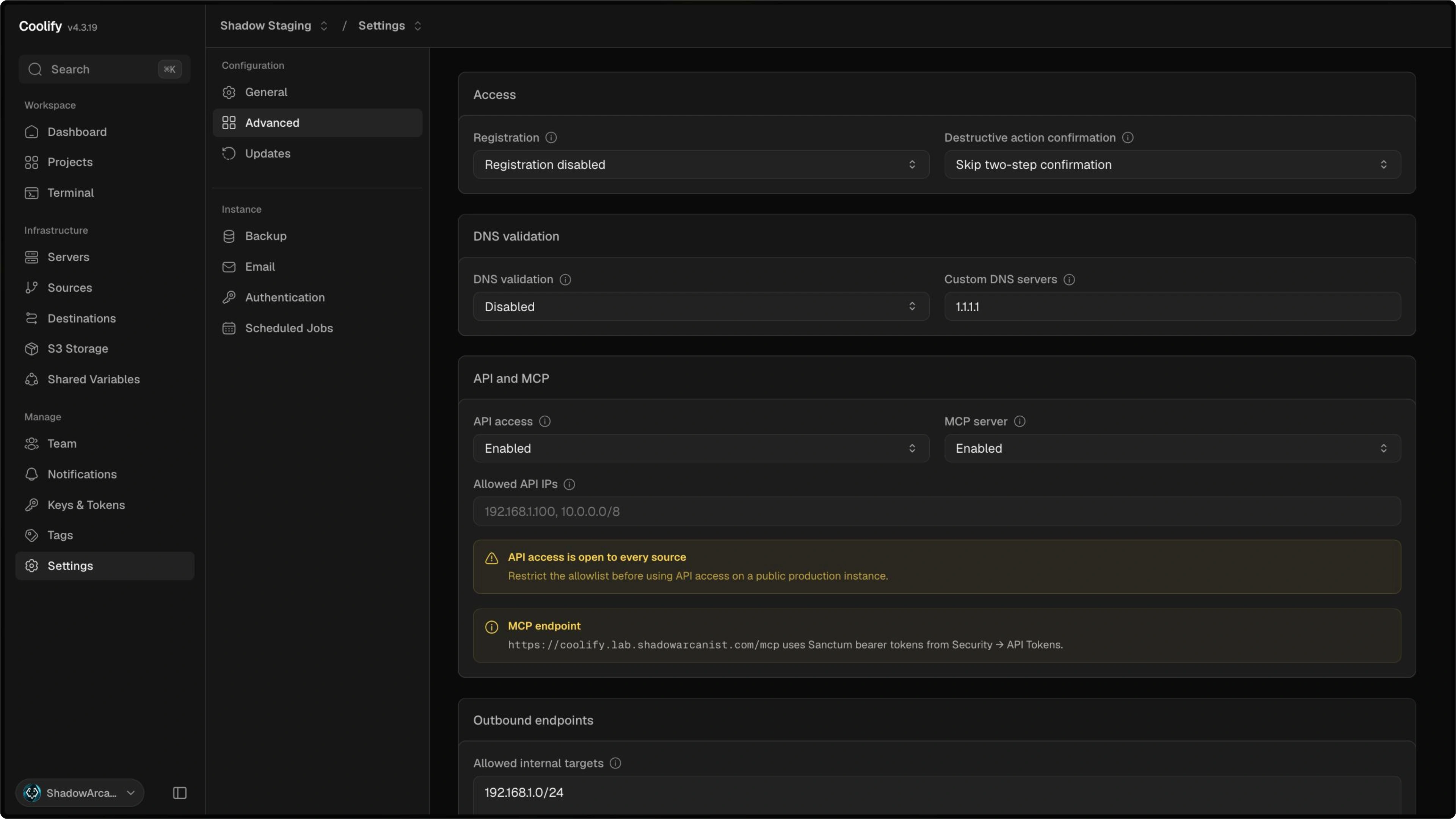 Coolify instance advanced settings