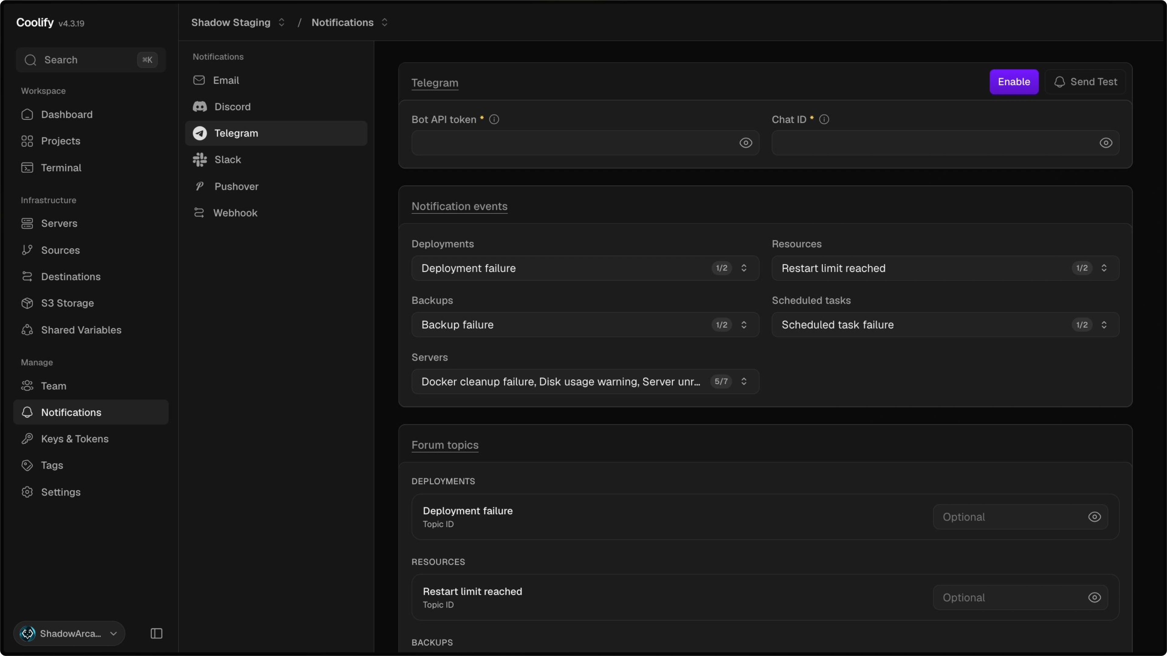Coolify notification channel settings