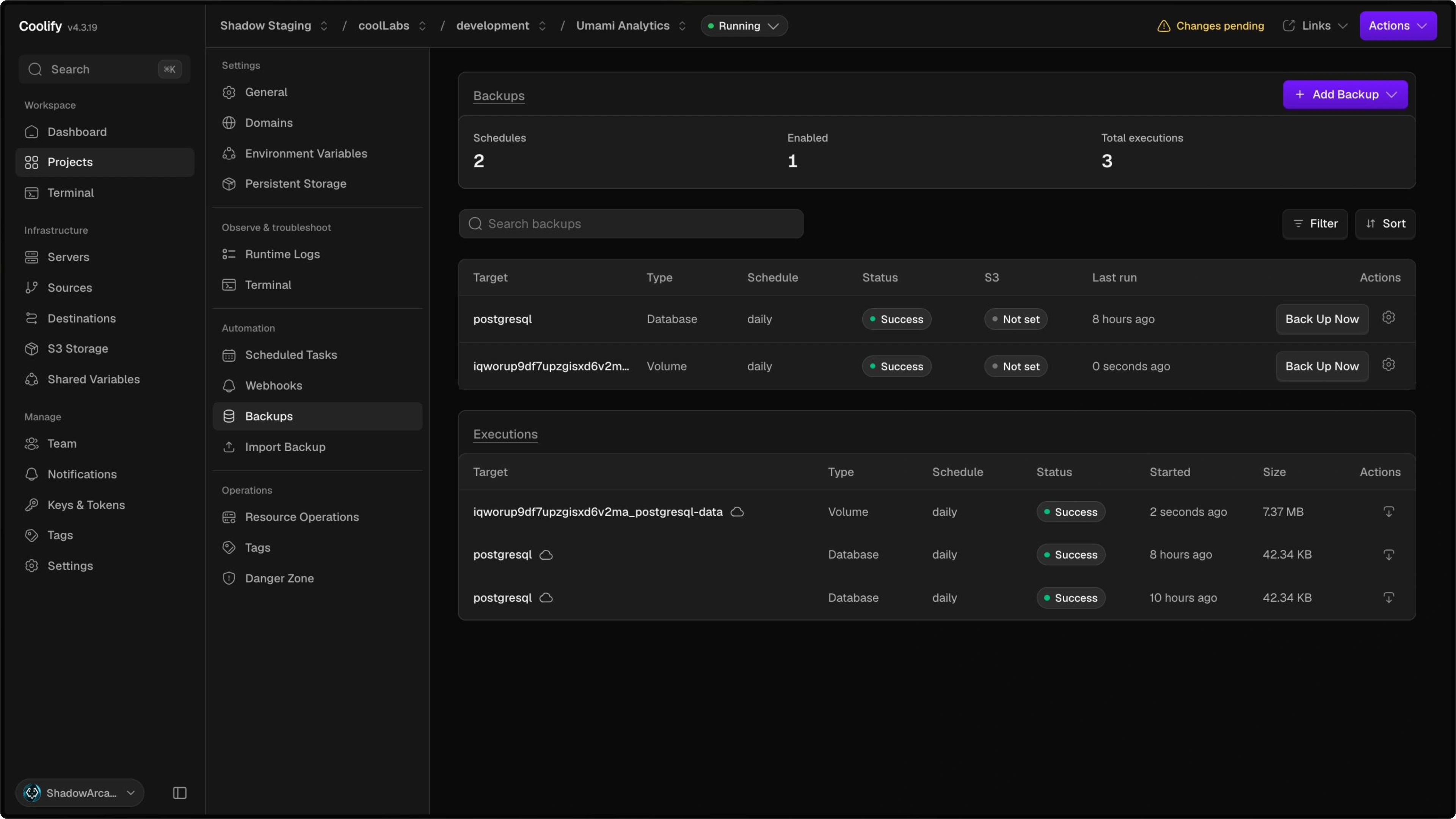 Coolify resource backup schedules and executions
