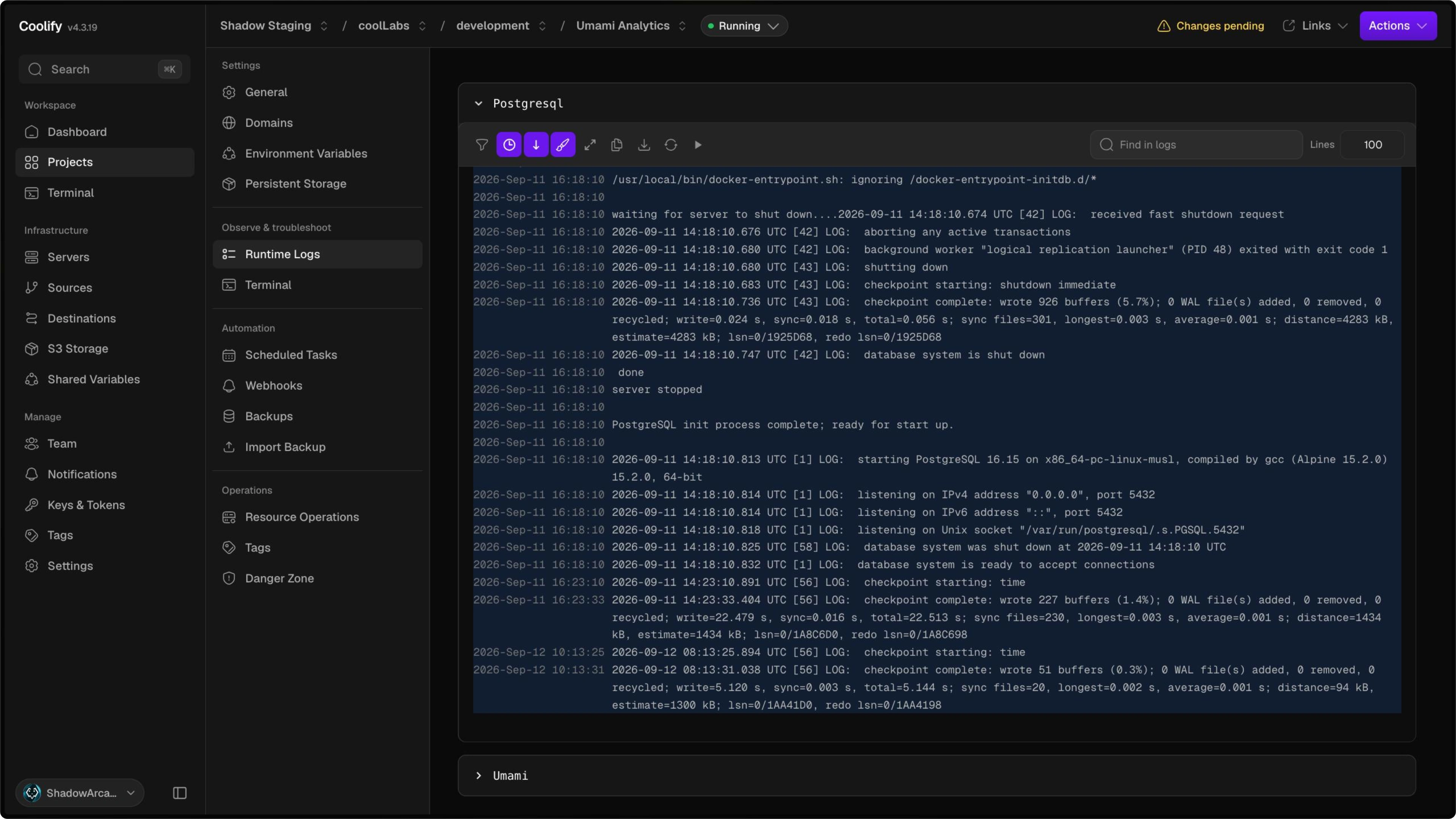 Coolify runtime logs viewer