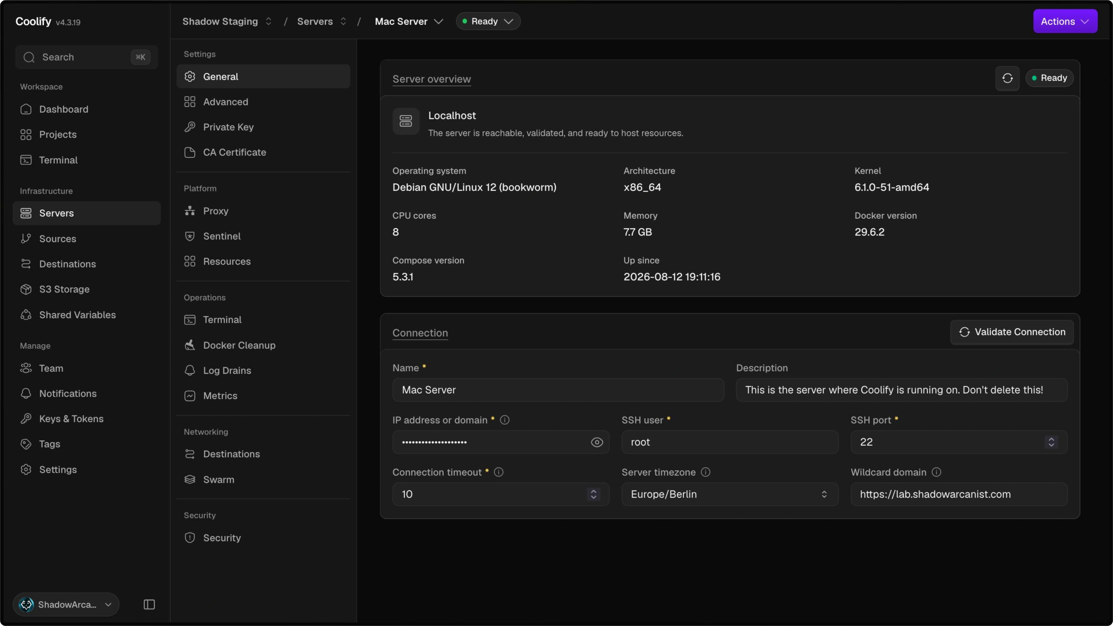 Coolify server settings and overview