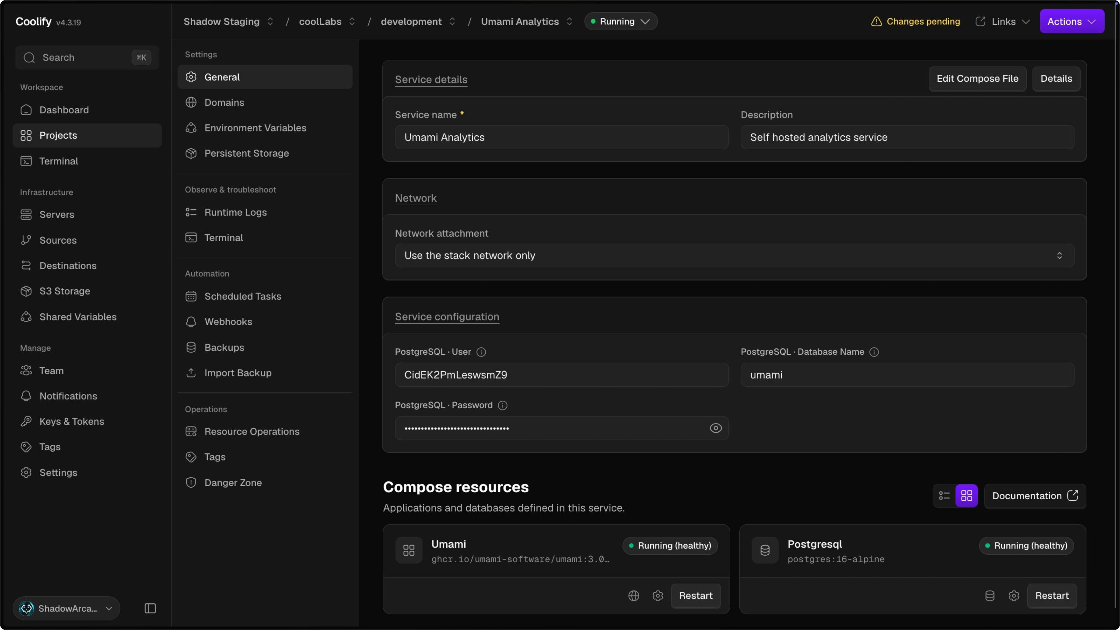 Coolify service configuration page