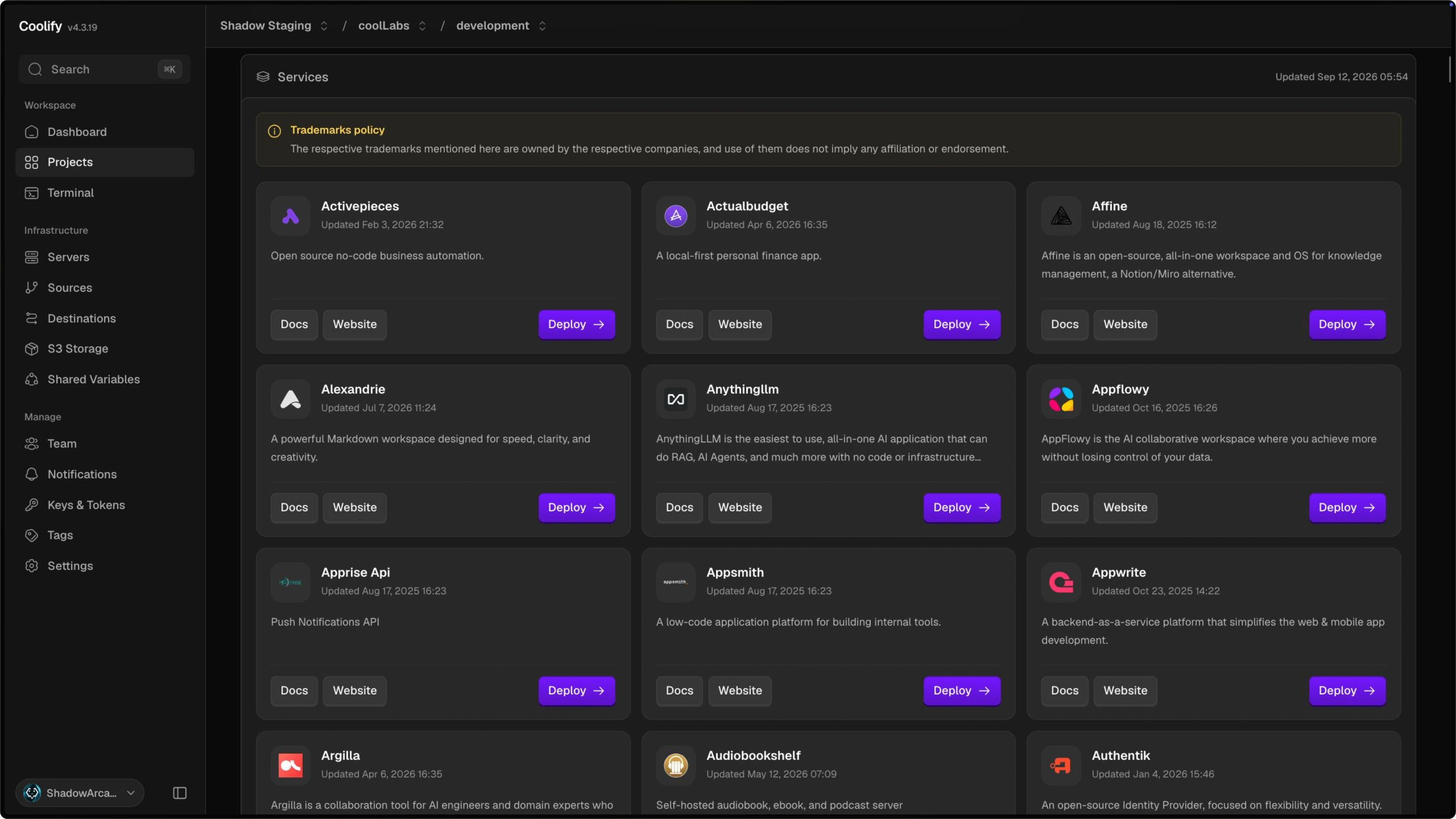 Coolify one-click service catalog