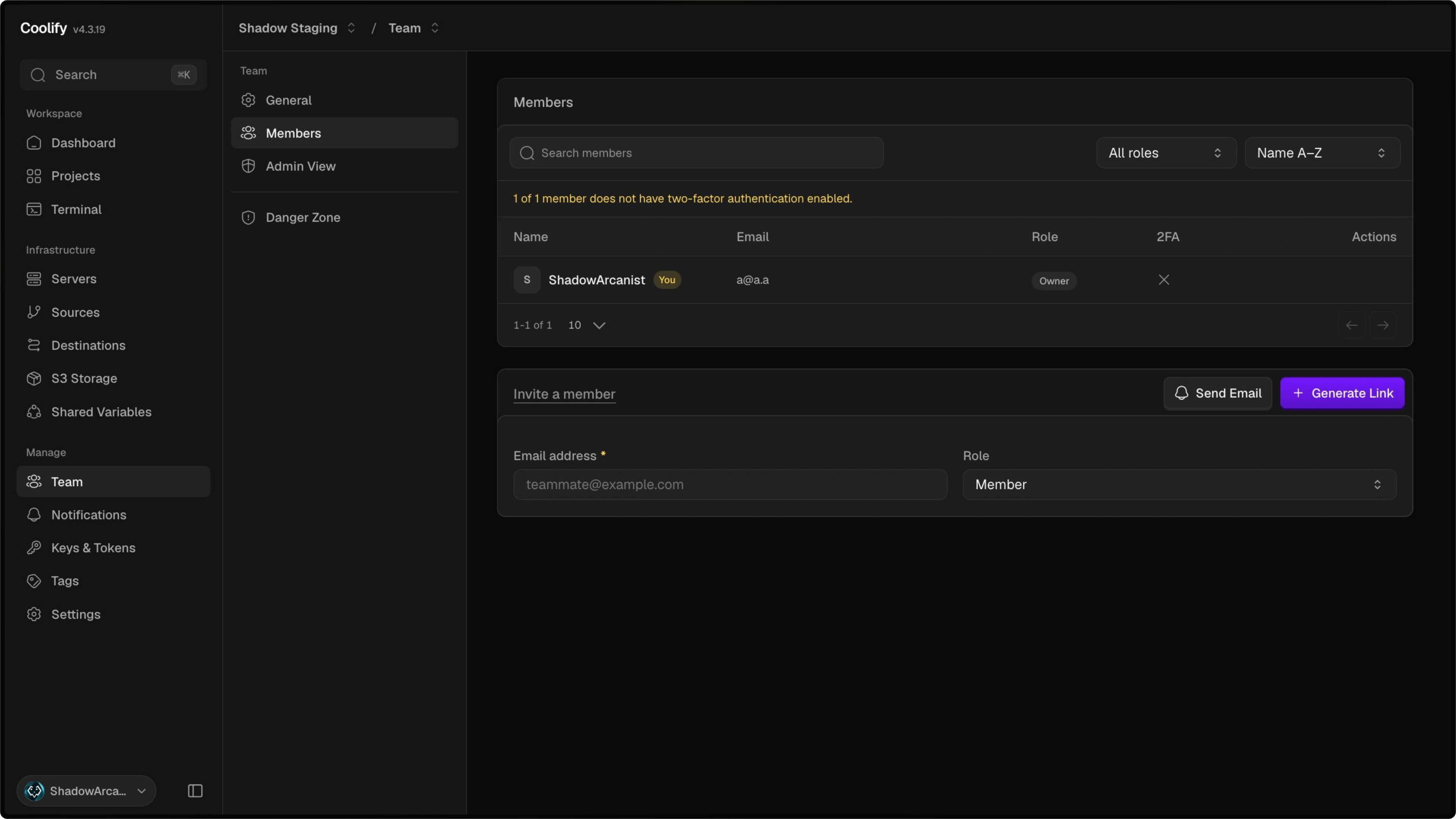 Coolify team members management
