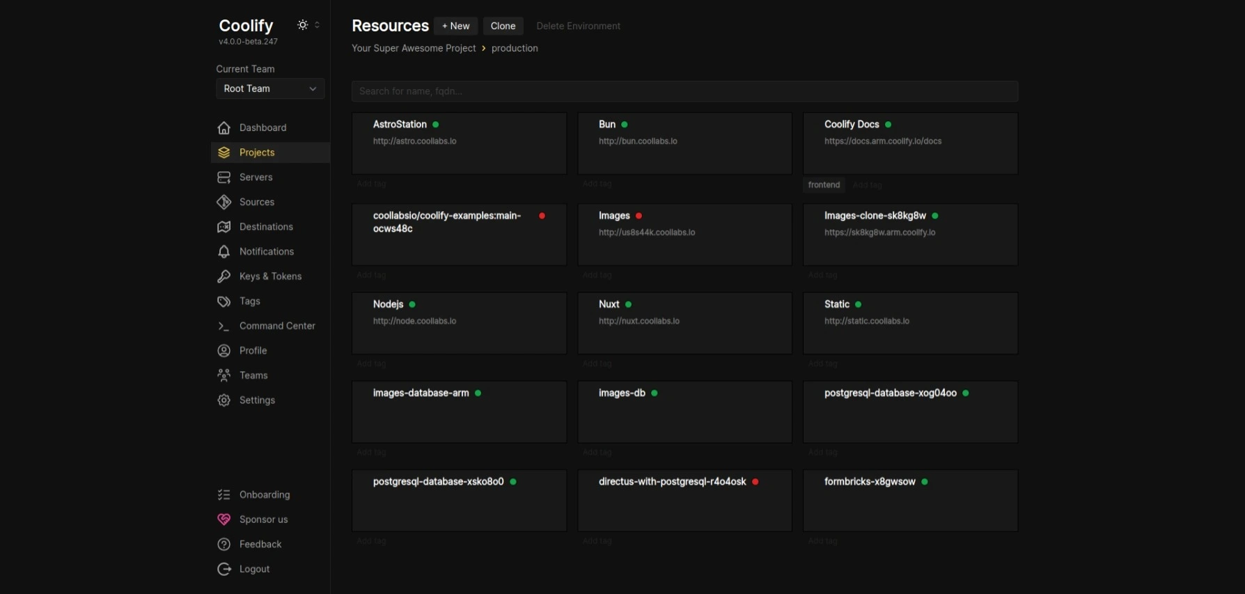 Coolify dashboard screenshot