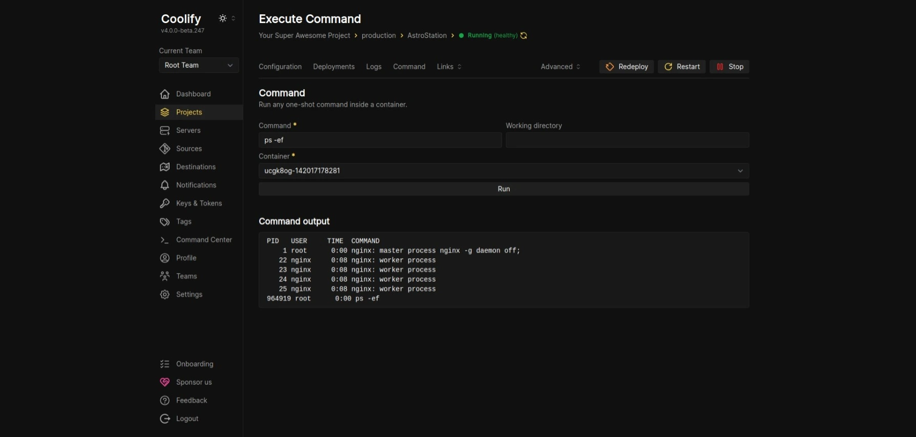 Coolify dashboard screenshot