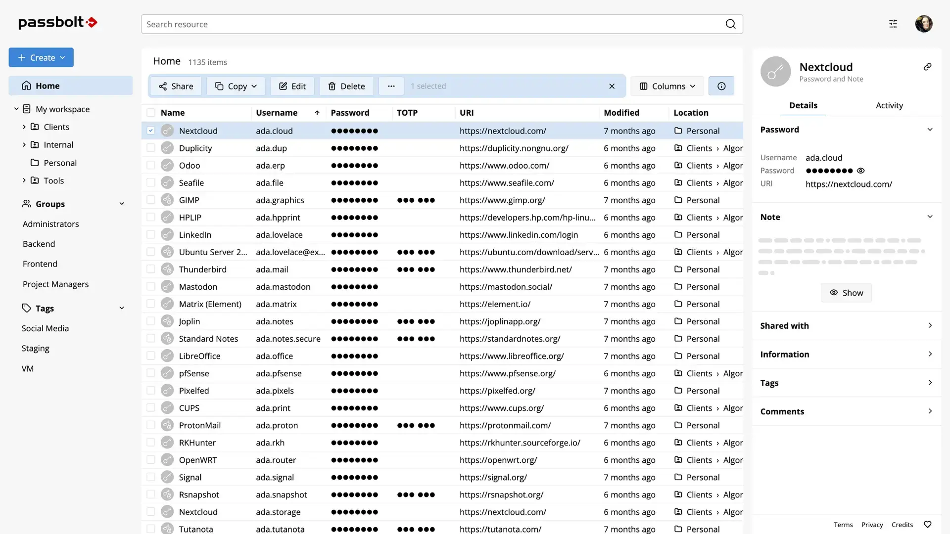Passbolt interface screenshot